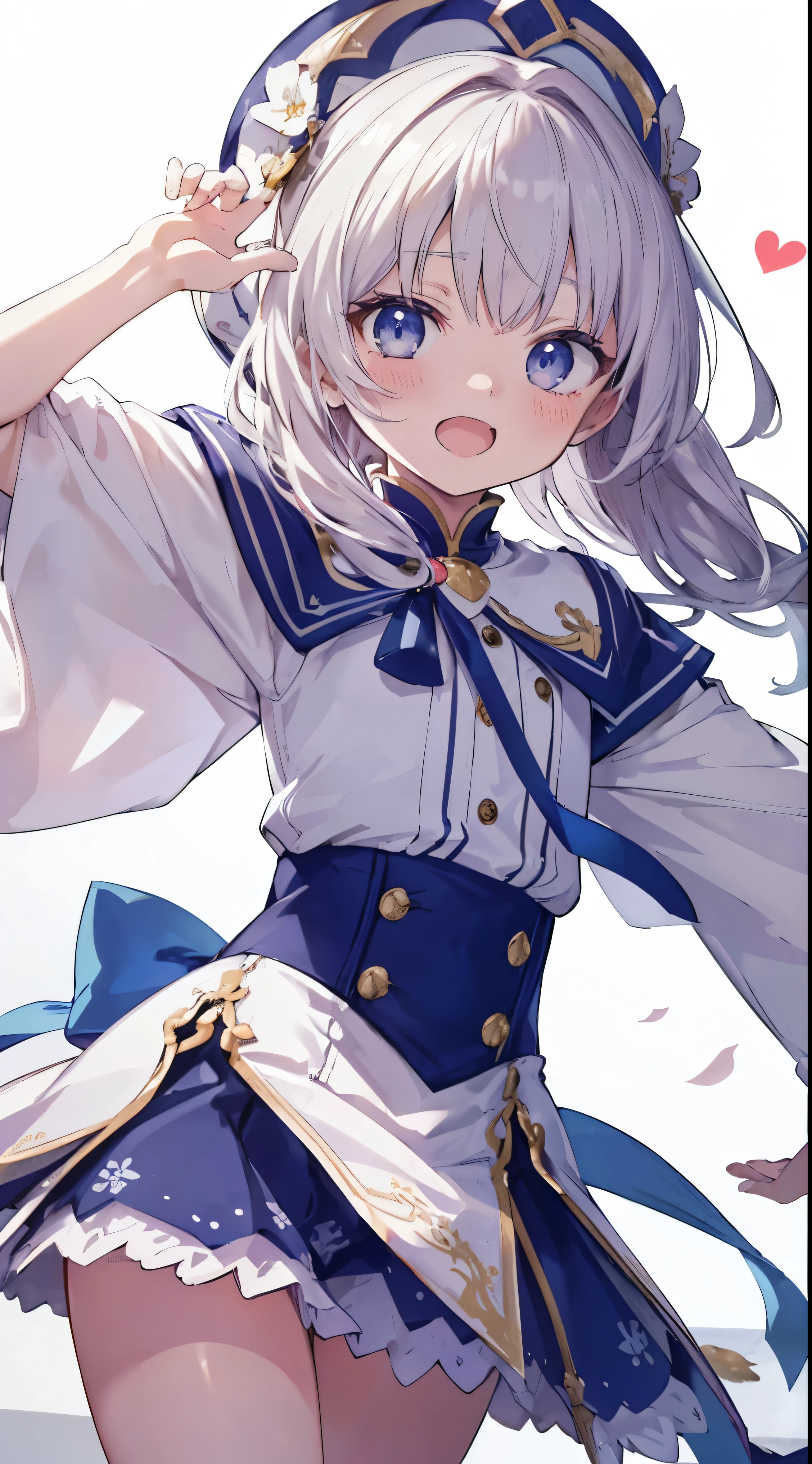 Lize Helesta（Nijisanji）Long Hair Girl,Pure white hair,Blue inner hair,The bangs are thick and cut above the eyebrows.,Gold crown,Deep pink eyes,Silk clothing,Blue and white outfit,Light blue ribbon around the neck,Childish face,Embarrassing,Her skirt is pulled up,Showing her panties,Juvenile pants