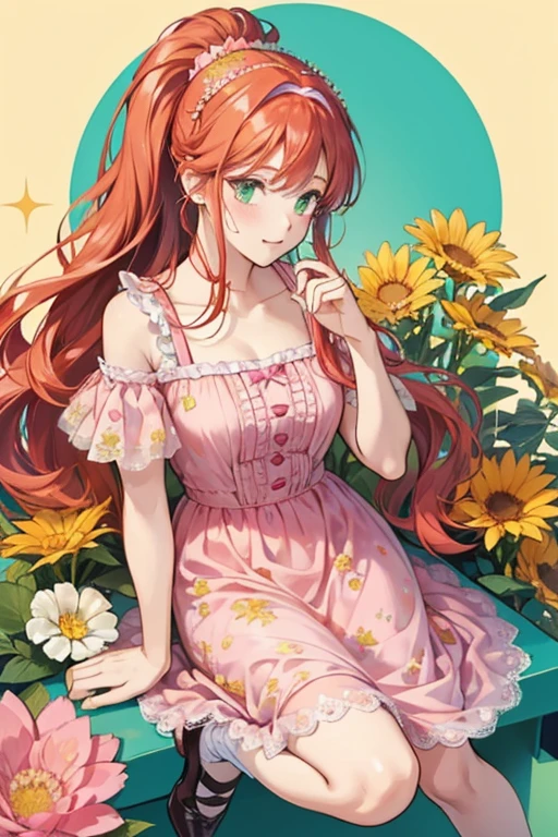 Miele has long, ginger-red hair that is usually tied in a high ponytail and decorated with some flowers on her hairband. She wears a pink and yellow flowery dress. Her shoes are green and pink. SPARKLE; GLITTER