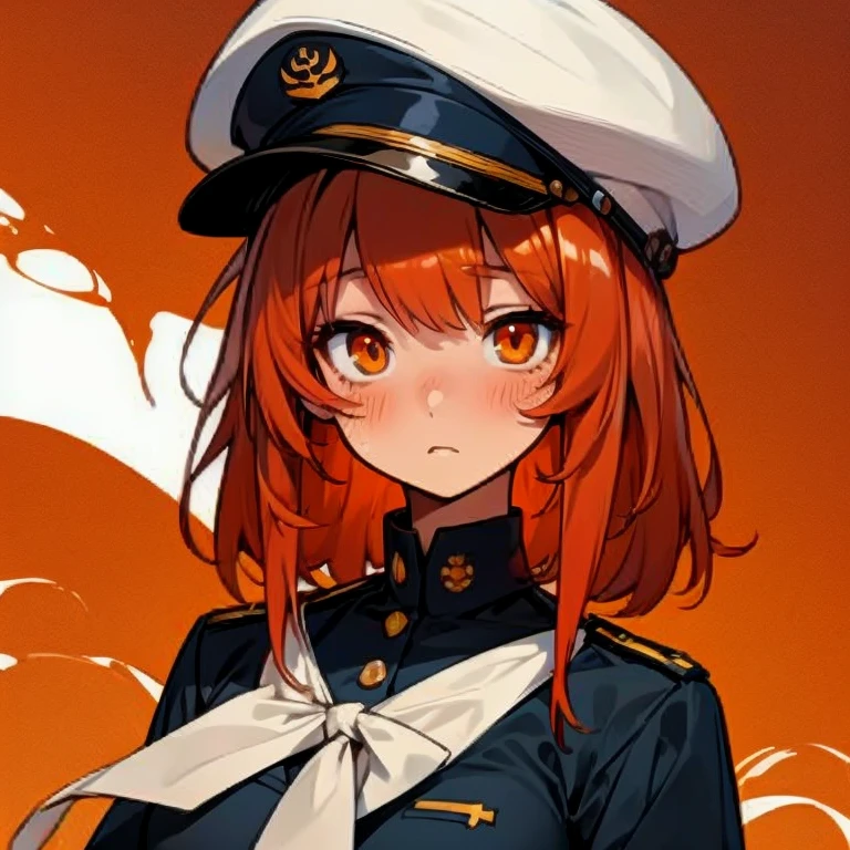 Masterpiece, best quality, expressive eyes, perfect face, 1girl, arthropod girl, orange eyes, red hair, monster girl, solo, looking at viewer, ocean background, navy background, taur, blush, navy uniform, hat, admiral uniform, upper_body, female officer uniform