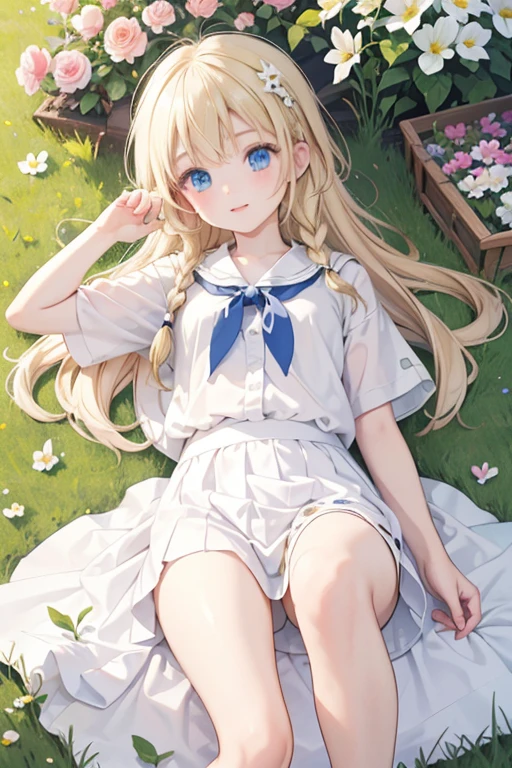 masterpiece, highest quality, High resolution, One 5 year old girl、blue eyes、
blonde, Braiding、White shirt, Check skirt, White panties、garden、flower bed、Lying on the grass