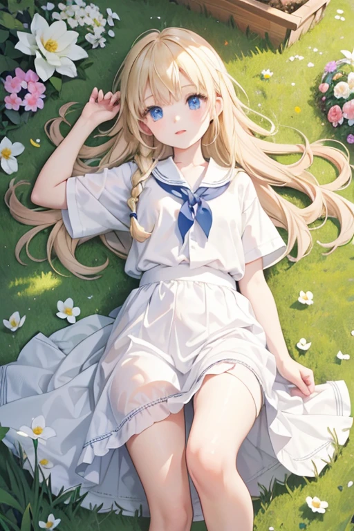 masterpiece, highest quality, High resolution, One 5 girl、blue eyes、
blonde, Braiding、White shirt, Check skirt, White panties、garden、flower bed、Lying on the grass