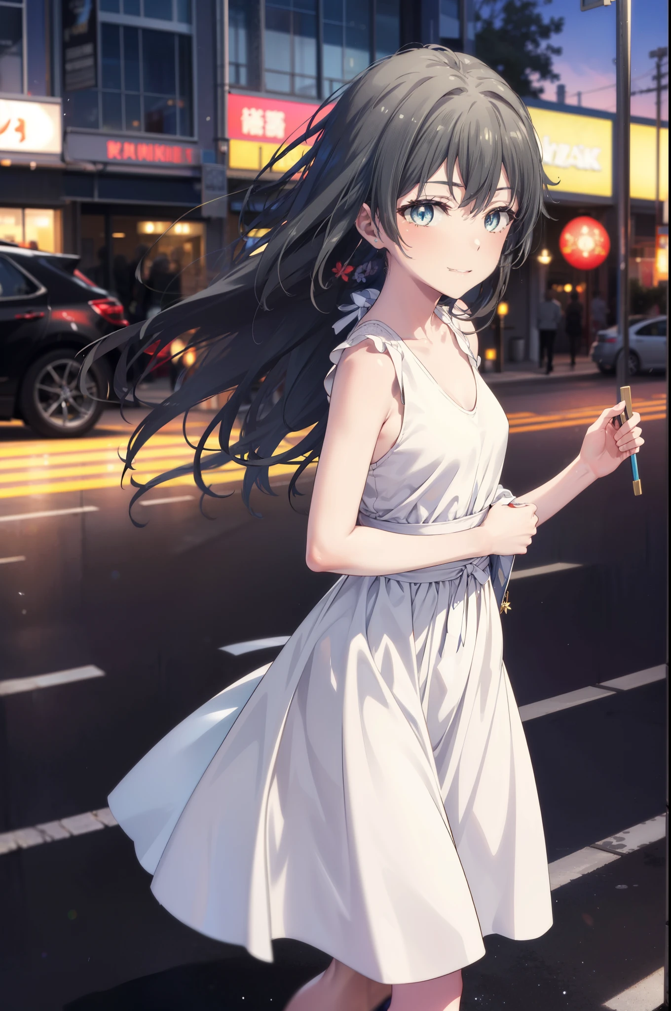 yukinoyukinoshita, Yukino yukinoshita, Black Hair, blue eyes, Long Hair,smile, Small breasts,happy smile, smile, Close your mouth,
, Sleeveless white dress,White long skirt,Cute Sandals,walking,Real Summer,Daytime,sunny,whole bodyがイラストの中に入っていくように,
break outdoors ,city,Building district, break looking at viewer, whole body,
break (masterpiece:1.2), highest quality, High resolution, unity 8k wallpaper, (shape:0.8), (Beautiful and beautiful eyes:1.6), Highly detailed face, Perfect lighting, Extremely detailed CG, (Perfect hands, Perfect Anatomy),