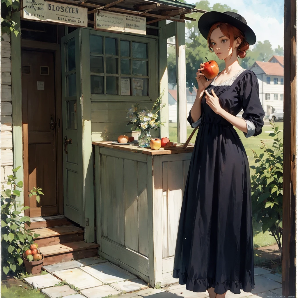 a beautiful slender thin girl with a perfect face of the southern type with red hair in a 19th century dress in a hat with a book and an apple, barefoot, stands near a large old bus at the bus station, summer, A warm sunny day, in a gentle watercolor style, Discreet shades, sfumato, haze, diffused dim light, delicate mint shades, imitation of film photography, olive and grape shades, Brick Road, Brick house, coffee, High image quality, Maximum detail, big space eyes