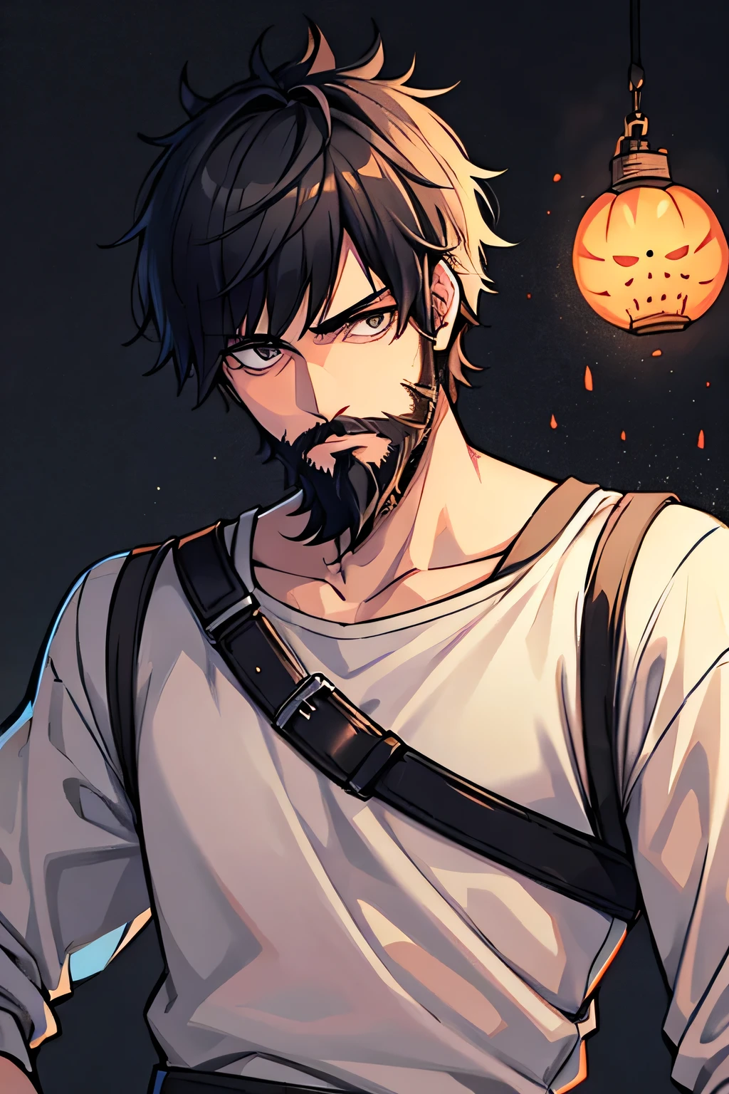 20-year-old male、Wild Beard、Short Hair、Dead by daylight、White clothes、Black Hair、Perm、Handsome