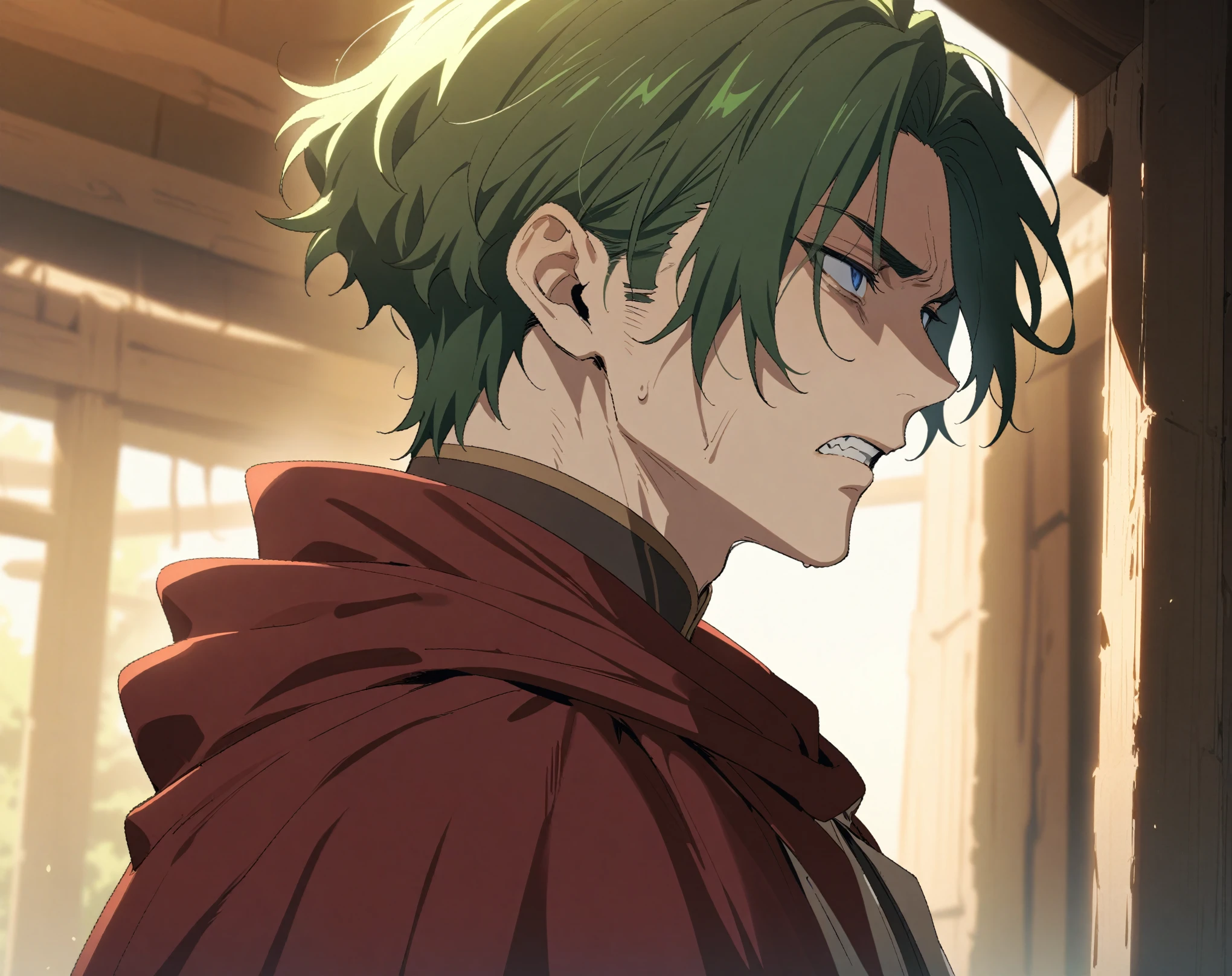 (Masterpiece, best quality, highres, portrait) {{Artist: Sincos}} 1 man, solo, mature, 24 years old, handsome, elegant, fair skin, blue eyes, short hair, green hair, mage robe, white robe, dark red cloak, threatening look, tired eyes, cold and menacing look, gritting teeth, from side, standing straight, in market, fantasy.