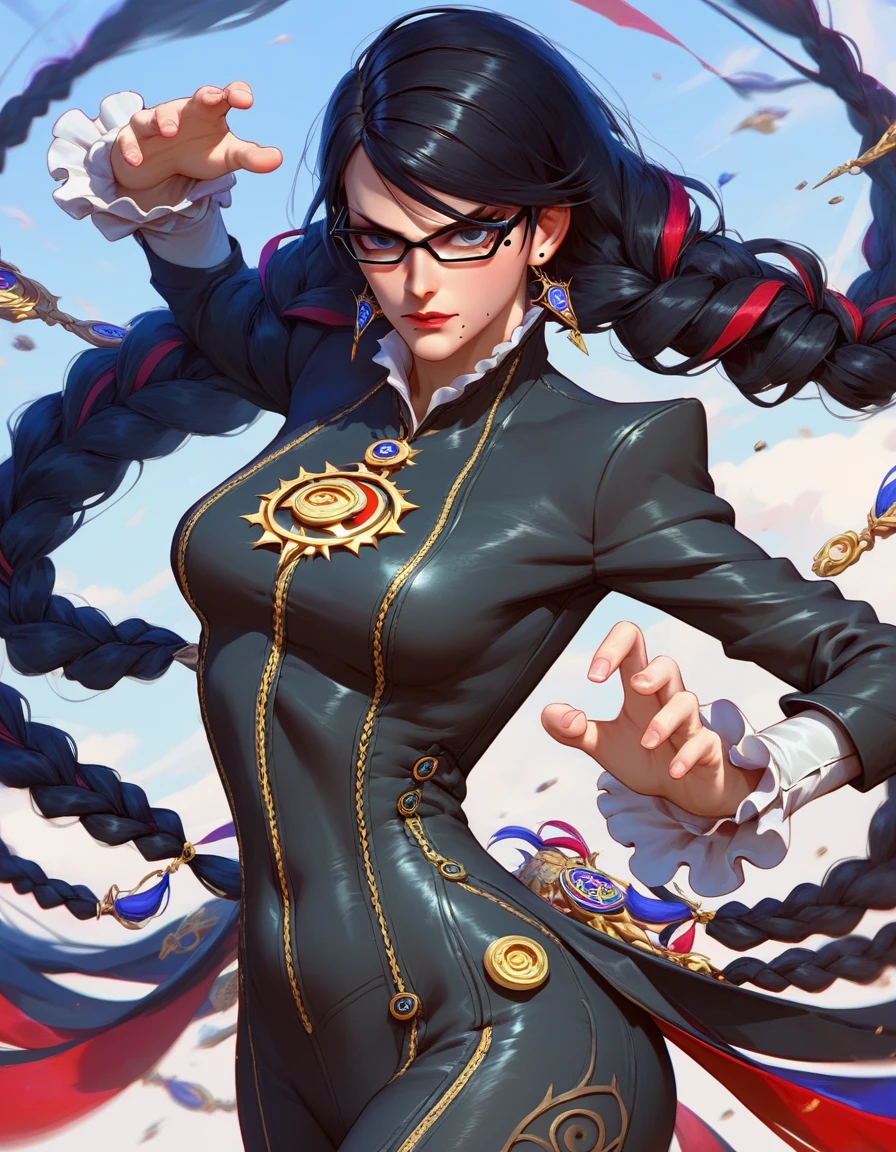 score_9, score_8_up, score_7_up, 1girl, Bayonetta from Bayonetta, glasses, very long hair, twin braids, black suit, looking at viewer, action pose, cowboy shot