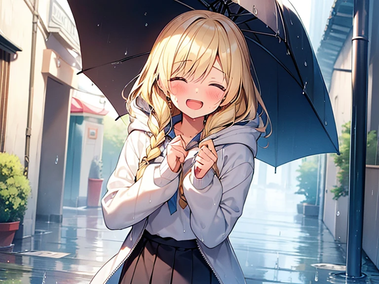 Top quality, (1 beautiful girl), junior high school student, Blonde, Braided hair, Medium Hair, Wavy Hair, standard weight, white hoodie, wet, laugh with an open mouth, blush, closed eyes, walking, umbrella, rainy, beautiful scene of alley, water drops, cowboy shot