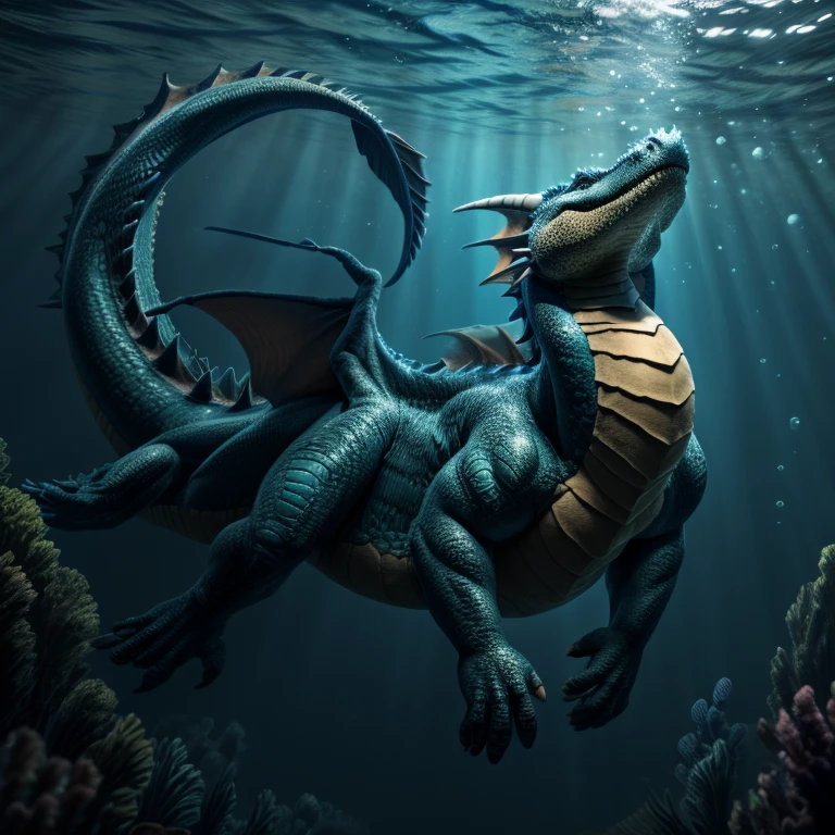 Underwater, deep underwater, aquatic dragon swimming overhead, looking at dragon from below, body like an alligator, large powerful tail, swimming with tail, side view, full body