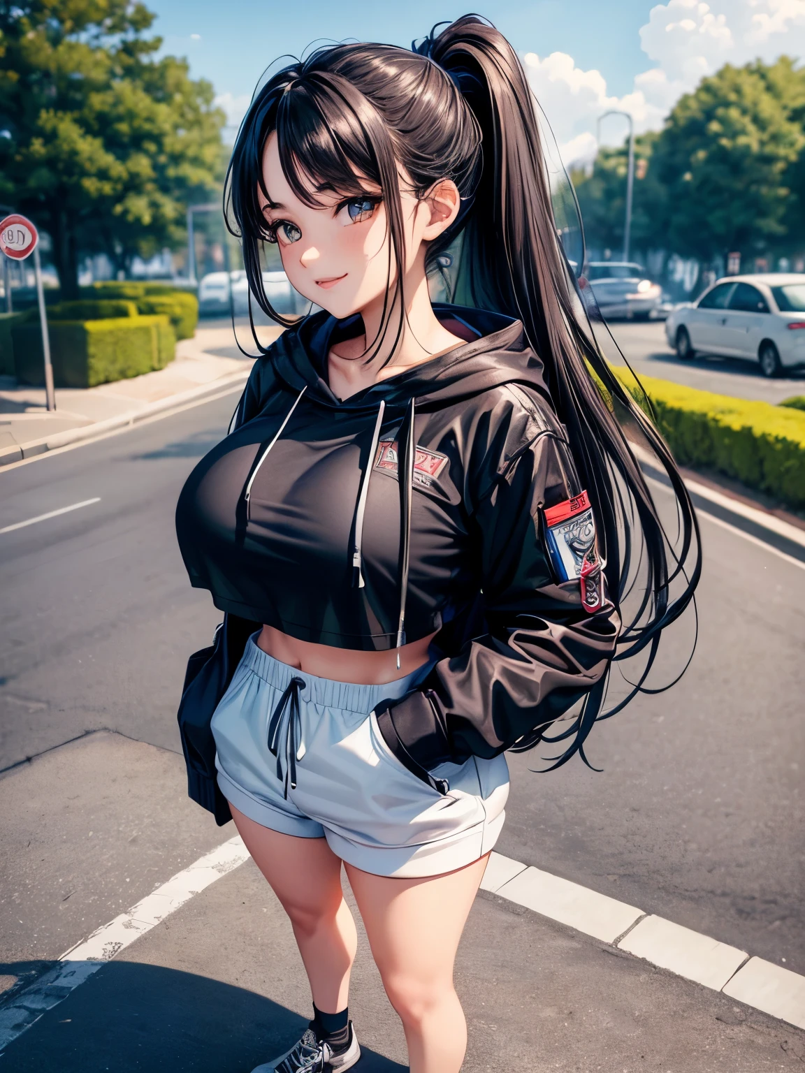 ((best quality)), ((masterpiece)), (detailed), perfect face,(18 years old),(beautiful girl), ponytail,(blackes Braun hair), cute smile (looking at vivers) on a streat road,( full body view),(detailed lips), perfect head ,(detailed face), wers a white hoodi black Stiles short pant that reaches nee, heads in hoodi pocket,(huge breasts),(perfect girl), Korean girl