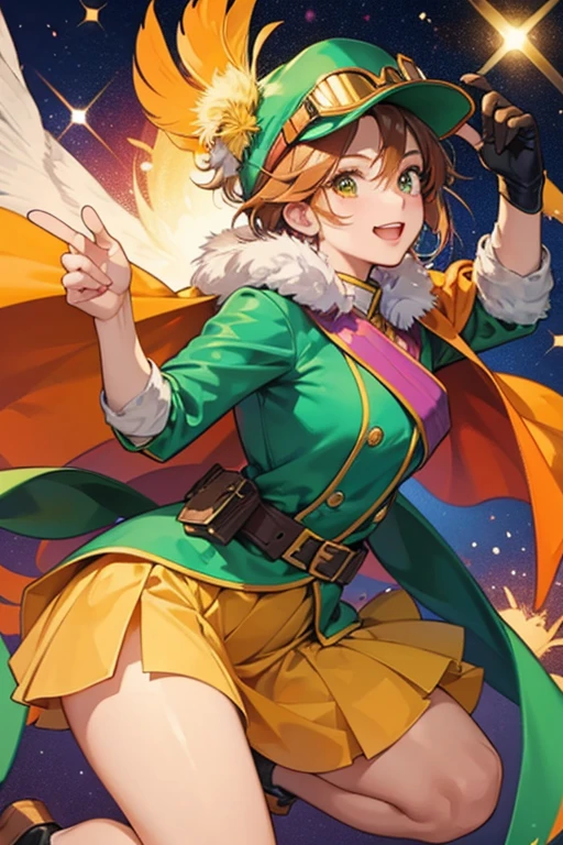 Ming-Ming has yellow feathers, orange legs and a light purple beak. As a superhero, she wears a brown aviator's cap with goggles and a green cape. SPARKLE; GLITTER
