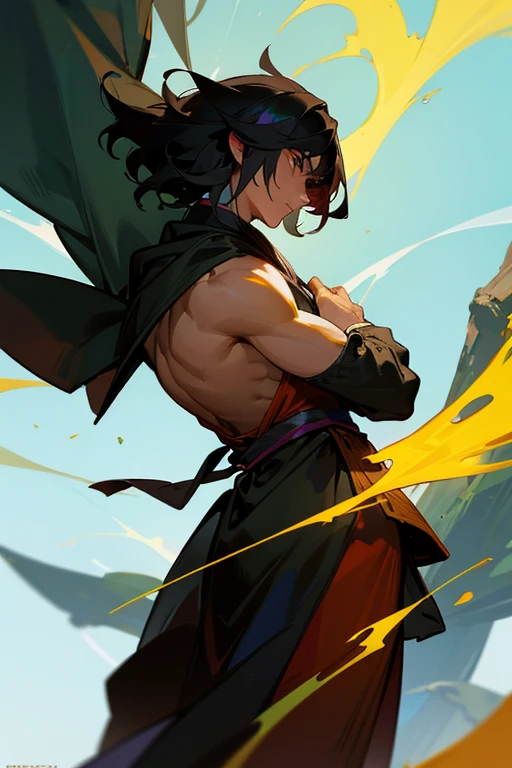 A mexican human male monk with black spiny hair, Fantasy