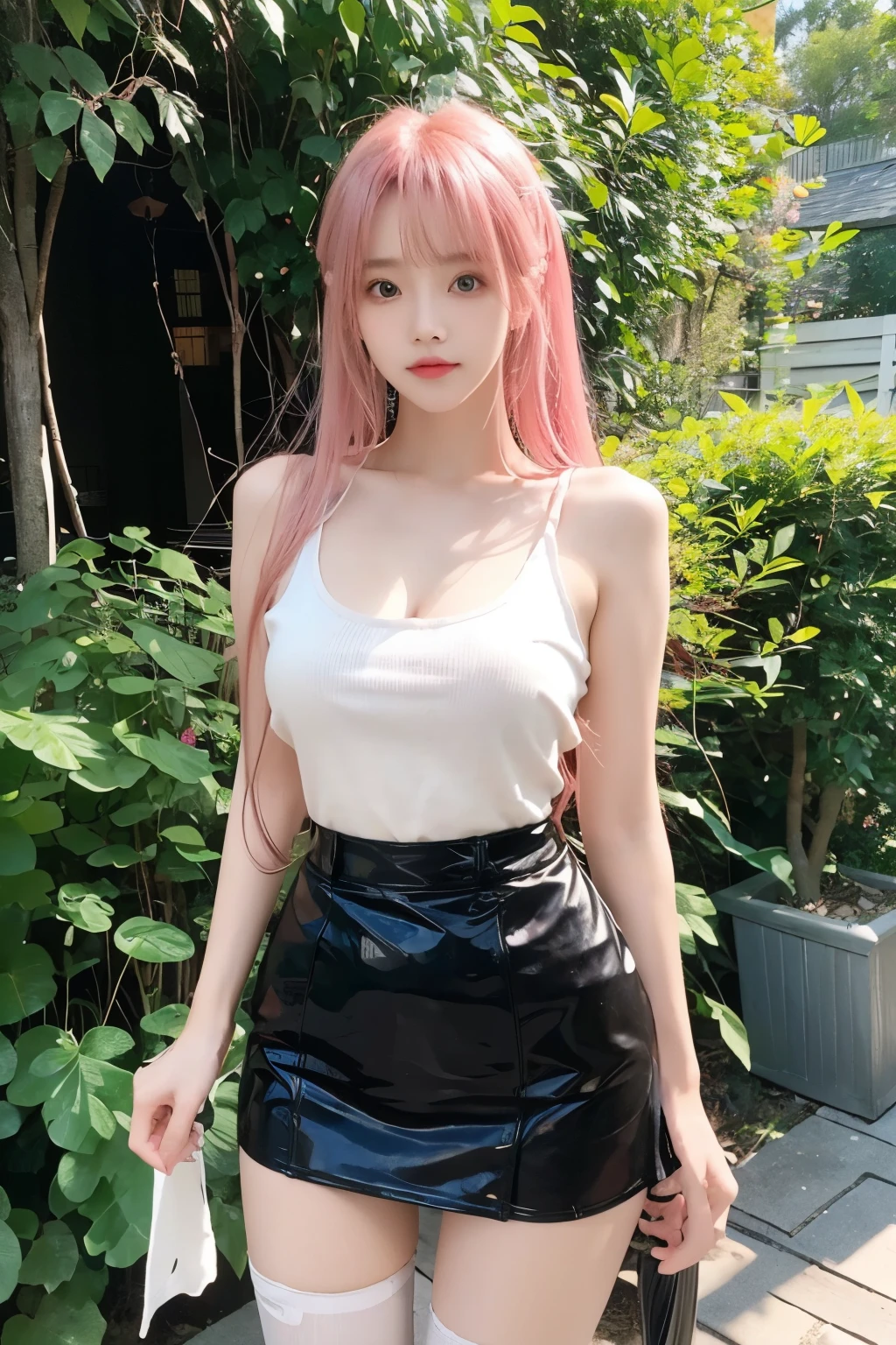 Beautiful woman with perfect body：1.4，Layered Hairstyle，Prominent cleavage，Highly detailed face and skin textures，Double eyelids，Skin Whitening，Long hair，Whitened long legs，Pink Hair，（Tight T-shirt，miniskirt，Black pantyhose）Stand in the garden