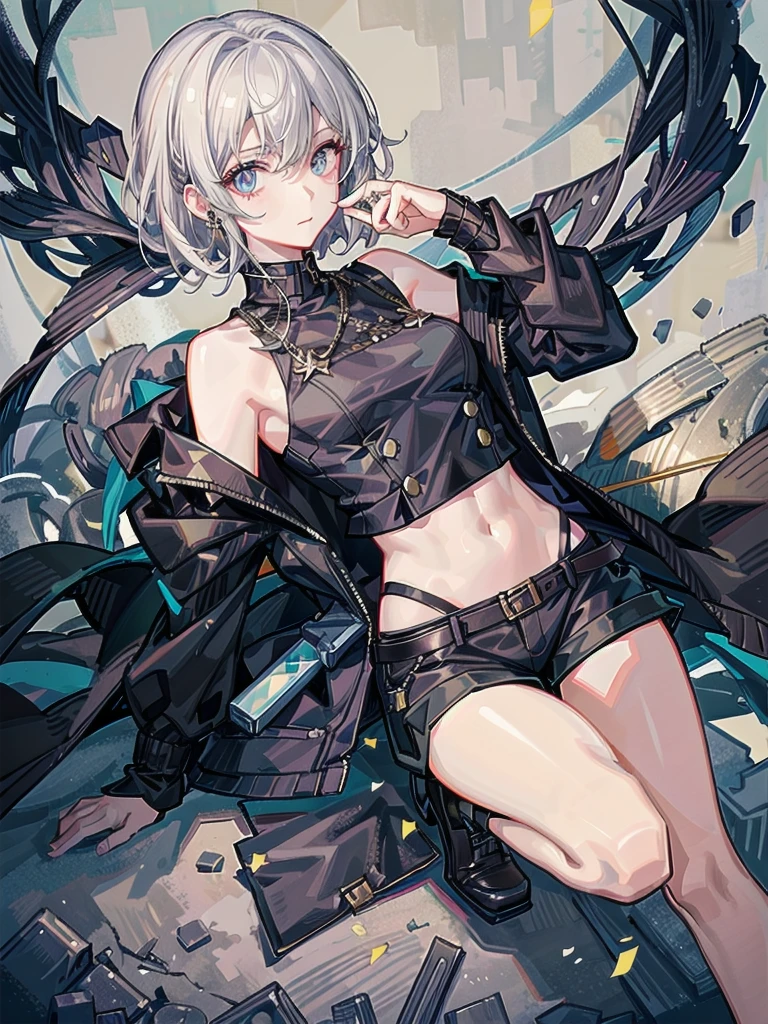 whole body, long sword, Black military uniform, Ladies' military vests, absurdres, RAW photo, extremely delicate and beautiful, masterpiece, Best Quality, ultra high resolution, 32k, hyperrealistic, ultra-detailed, tearful mole, earring, short medium hair, wavy hair, urban backdrop, shorts, midriff,