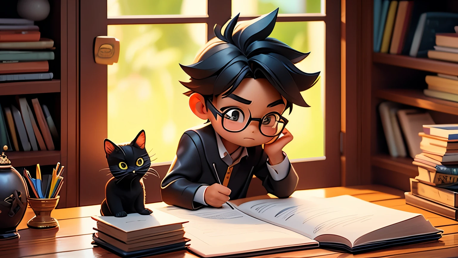 An Asian boy about seven or eight years old sitting at a desk reading a book,A little black cat is lying on the corner of the table,A study room full of books,3D cute cartoon style,illustration,panoramic,Soft Lighting,High-definition graphics