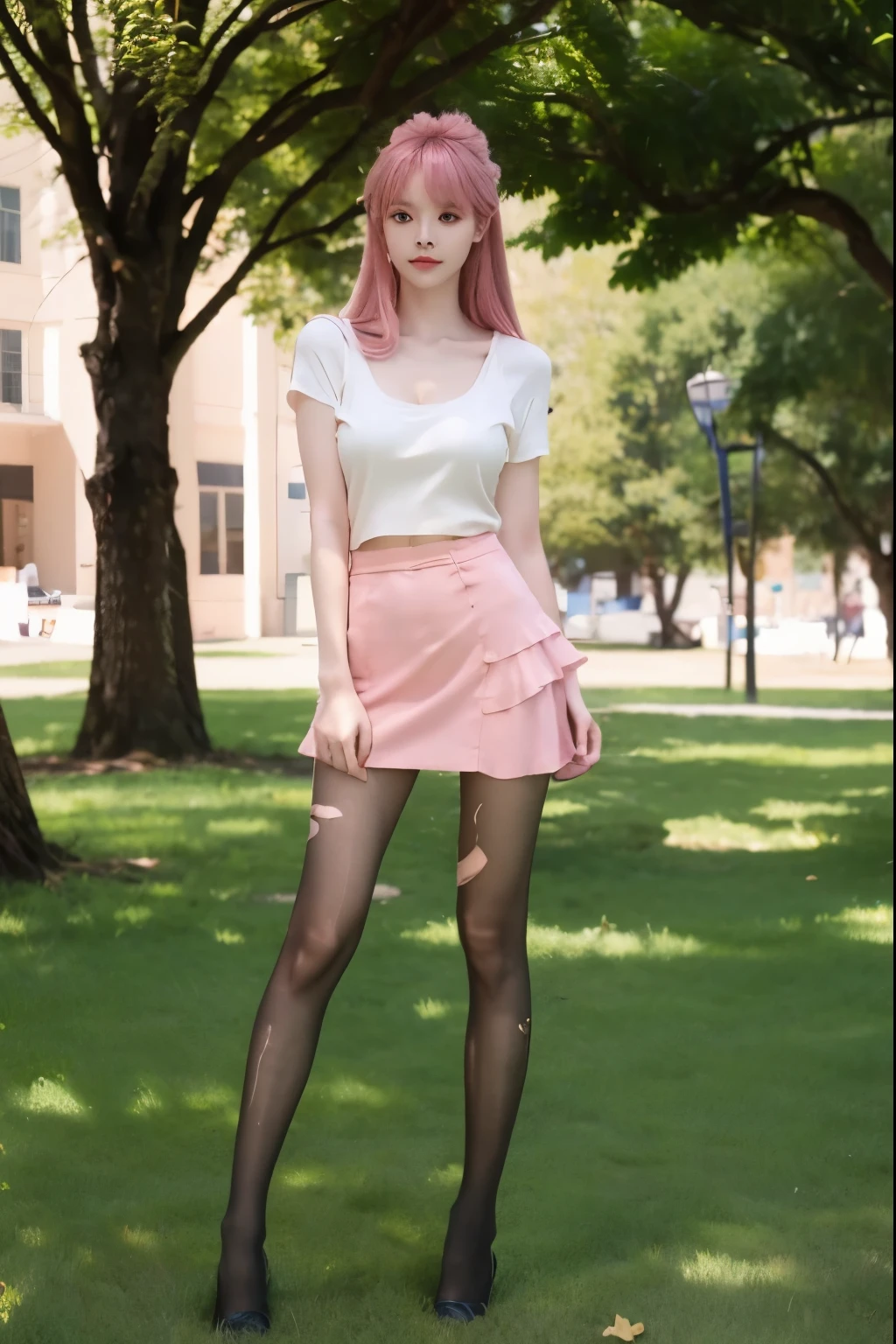 Beautiful woman with perfect body:1.4,Layered Hairstyle,Prominent cleavage,Highly detailed face and skin textures,Double eyelids,Skin Whitening,Long hair,Whitened long legs,Pink hair,(Tight T-shirt,miniskirt,Black pantyhose)Standing on the grass