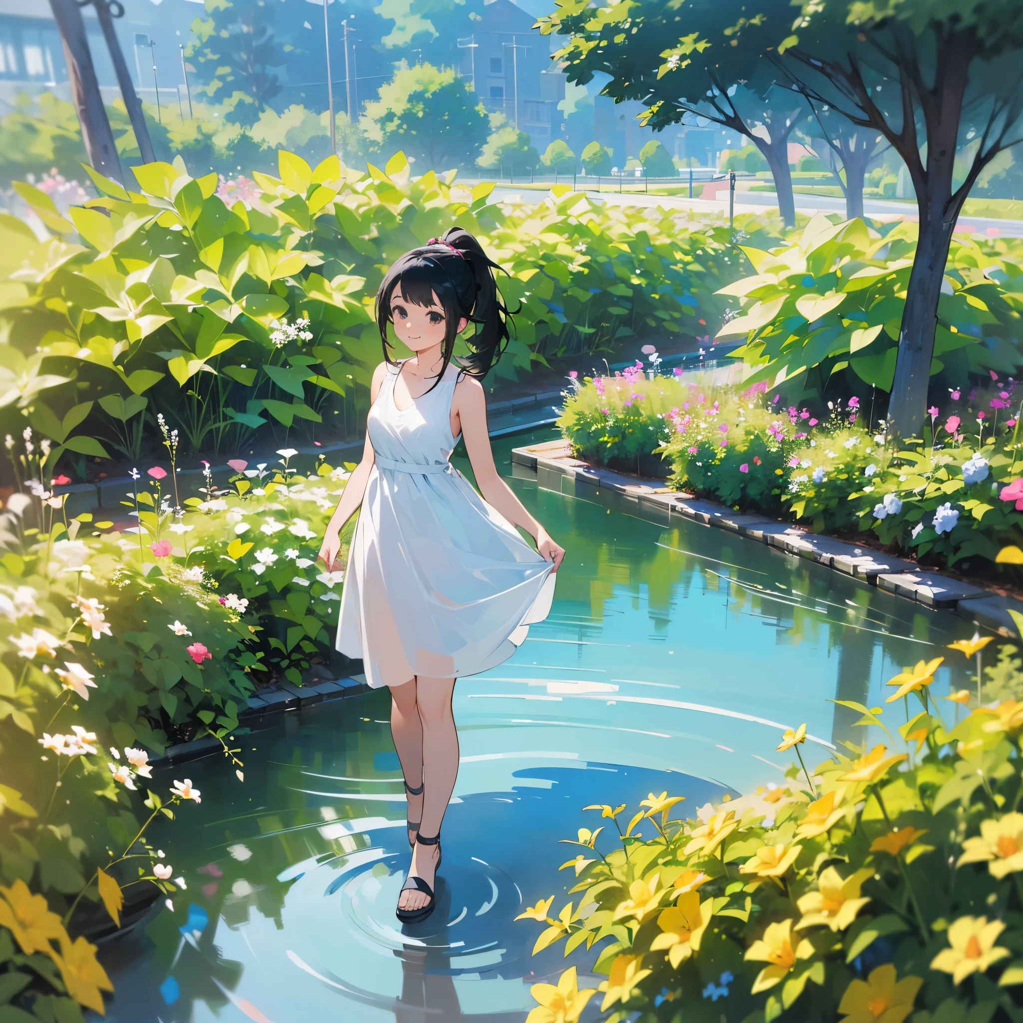 (high quality, High resolution, Very detailed, reality:1.37), Peaceful atmosphere, (Outdoor, garden), Teenage girl standing alone, (my breasts are big.), Beautiful details, Cute Smile, (Black hair ponytail), White sleeveless dress, Sandals.