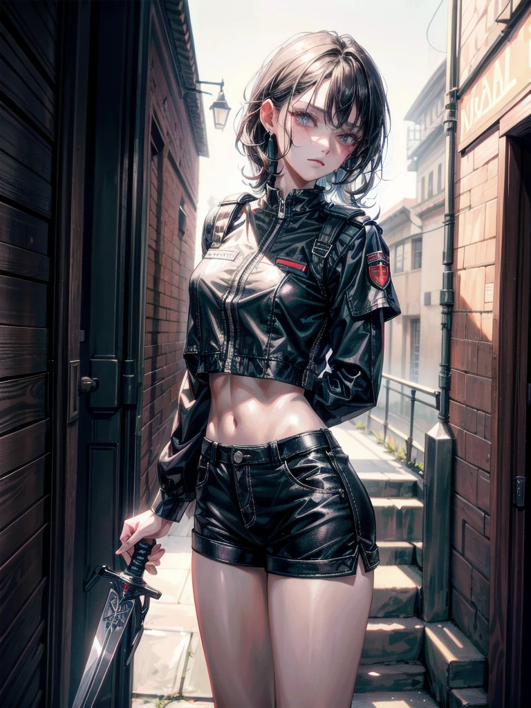 whole body, long sword, Black military uniform, Ladies' military vests, absurdres, RAW photo, extremely delicate and beautiful, masterpiece, Best Quality, ultra high resolution, 32k, hyperrealistic, ultra-detailed, tearful mole, earring, short medium hair, wavy hair, urban backdrop, shorts, midriff, 