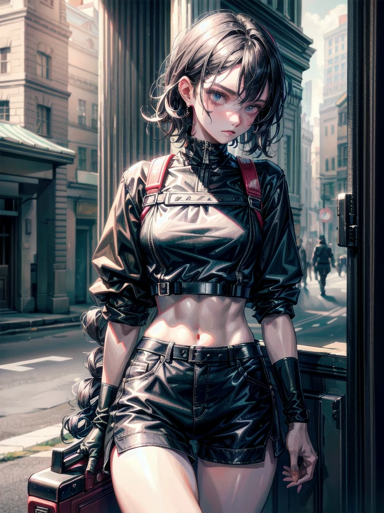 whole body, long sword, Black military uniform, Ladies' military vests, absurdres, RAW photo, extremely delicate and beautiful, masterpiece, Best Quality, ultra high resolution, 32k, hyperrealistic, ultra-detailed, tearful mole, earring, short medium hair, wavy hair, urban backdrop, shorts, midriff, 