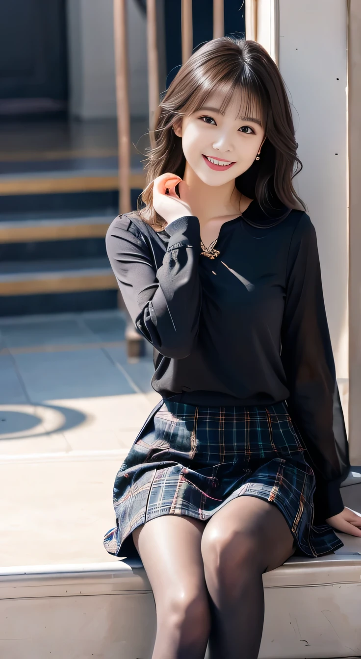 highest quality, Realistic, Very detailed, Finer details, High resolution, 8k wallpaper, One beautiful woman,Sit on the stairs、Full body photo、smile、black tights、Long sleeve blouse、Plaid knee-length skirt、pumps、Black Hair、 Beautiful Bangs、ear piercing、Perfect dynamic composition, Beautiful and detailed, , A big smile waiting to start

