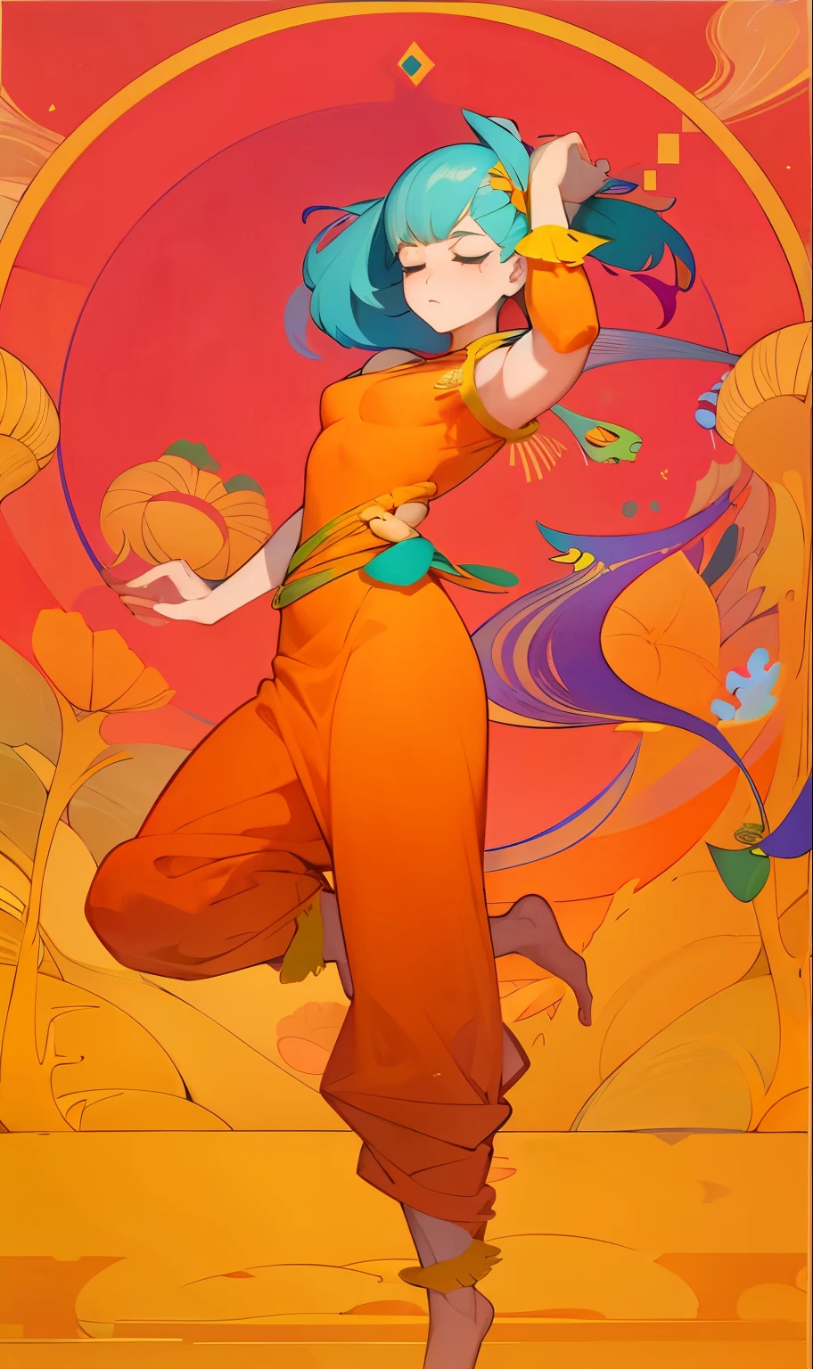 woman floating in the air, (multi-color hair), limp body, asleep, vibrant opalescent lighting, flecks in the air, dynamic lighting, warm color pallet, knit, brocade, gold carp, poppies, swirling air movement, wide angle, full body view, loose fabric, geometric shapes, small breasts, sherbet, persimmon, up-do hair, Bauhaus, geometric shapes, white snake mermaid