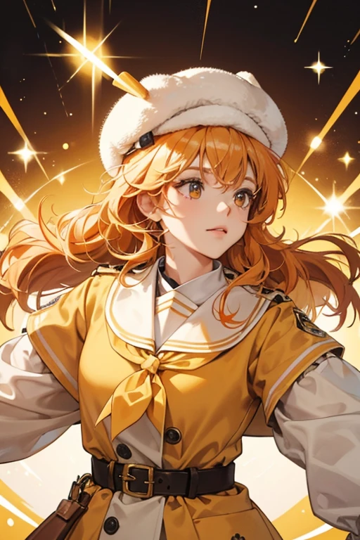 Mini has a double coat of light orange fur, a cream  fluffy. . She wears a yellow cap with her pup-tag in the center and a yellow neckerchief with a small brown belt buckled around the ends in the center.  SPARKLE; GLITTER