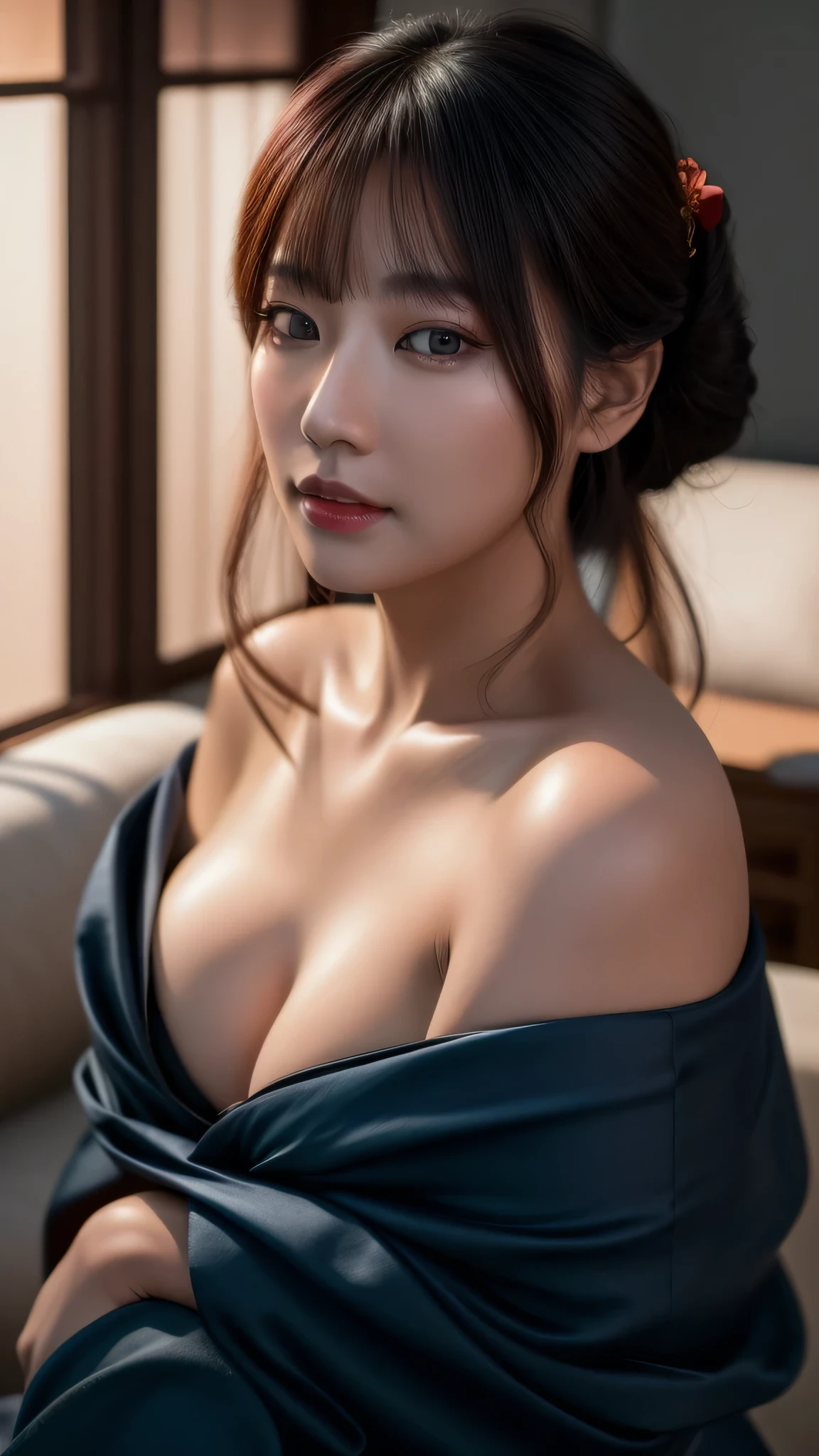 ((Best quality, 8k, Masterpiece :1.3)), Beautiful face, (photo realistic:1.4), soft lighting, (high detailed skin:1.3), 8k uhd, dslr, high quality, high resolution, 4k, 8k, absurdres, best ratio four finger and one thumb, (realistic:1.4), ((realistic medium breasts :1.3)), Highly detailed face and skin texture, Detailed eyes, Double eyelid, full body view, 1 asian woman, off shoulder kimono outfit