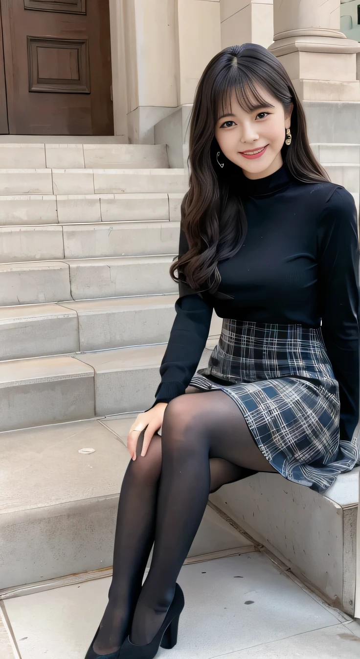 highest quality, Realistic, Very detailed, Finer details, High resolution, 8k wallpaper, One beautiful woman,Sit on the stairs、Full body photo、smile、black tights、Long sleeve blouse、Plaid knee-length skirt、pumps、Black Hair、 Beautiful Bangs、ear piercing、Perfect dynamic composition, Beautiful and detailed, , A big smile waiting to start
