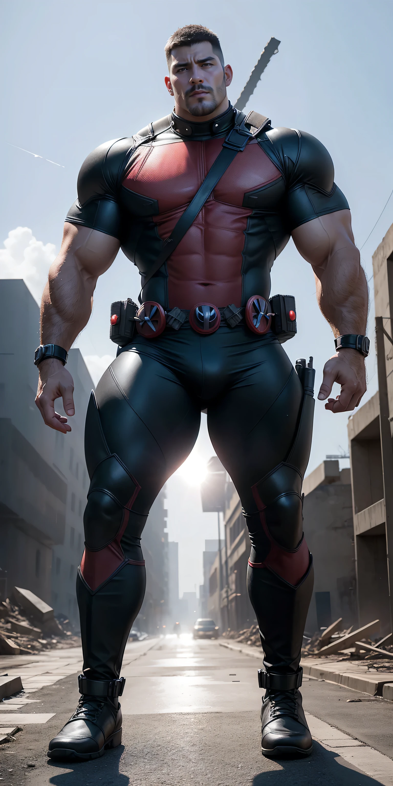 2 meter tall muscular hero, He is very tall，Super hero：Deadpool, Red and black striped Deadpool tights, Warm and thick, character concept（Resident Evil - Chris Redfield, Mechanical leather armor, His muscles are huge, Lightweight texture, Small grid texture, Regular symmetrical texture pattern, A sad expression, Deep and charming eyes, He stood in the open air among the ruins, Heroic male pose, tall Burly, muscular！Attractive leg muscles, High, Burly, Heqiang, Super Buff and Coolness, High Resolution Committee, Yellow-gray ultra-thin nano-mechanical big-foot boots, Charismatic strongman, The bright sunshine shines on you, Matte particles, Shiny texture, shadow, Chiaroscuro, Divine Light, best quality