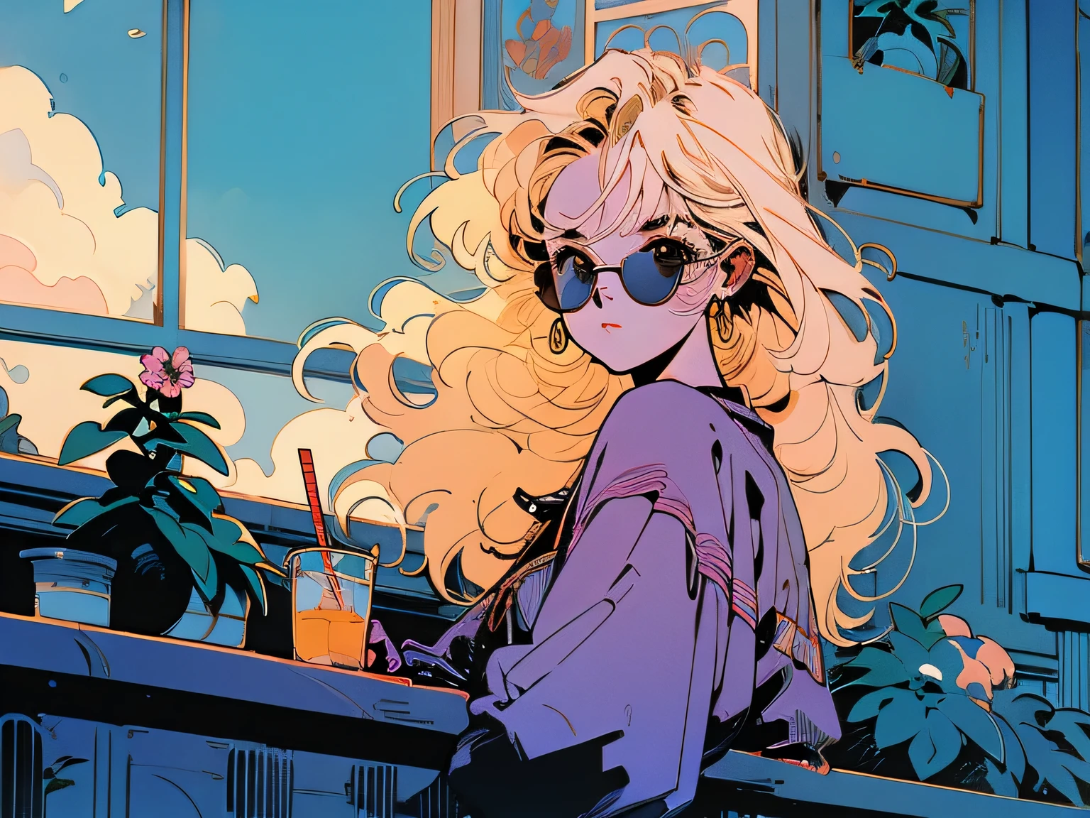 Retro anime feel、American casual attire、Inside a stylish bar、Long curly blonde hair、A beautifully cut woman、I can see the blue sky from the window、Holding a straw、Beautiful flowers can be seen from the flowerpot、Wearing sunglasses