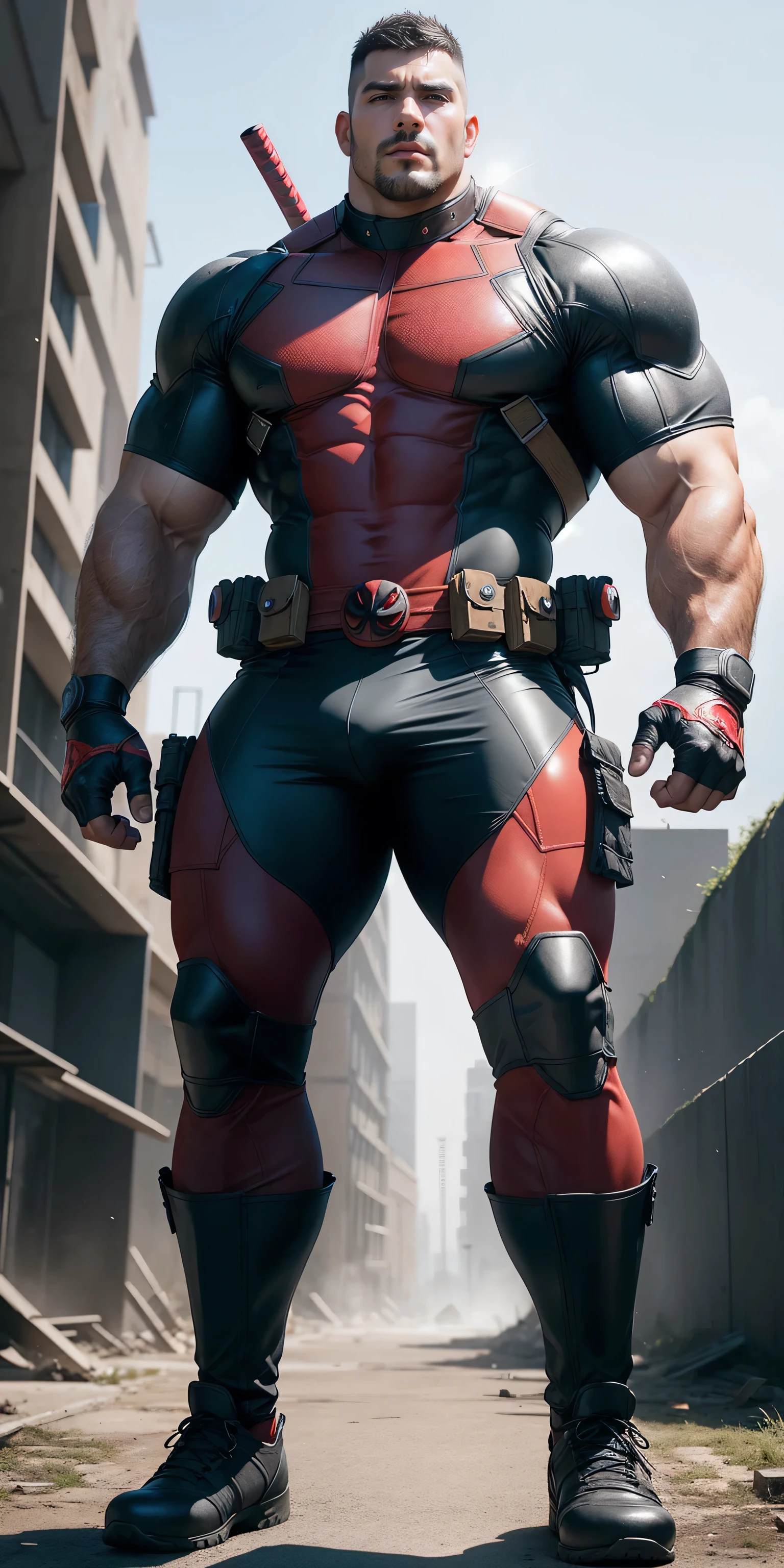 2 meter tall muscular hero, He is very tall，Super hero：Deadpool, Red and black striped Deadpool tights, Warm and thick, character concept（Resident Evil - Chris Redfield, Mechanical leather armor, His muscles are huge, Lightweight texture, Small grid texture, Regular symmetrical texture pattern, A sad expression, Deep and charming eyes, He stood in the open air among the ruins, Heroic male pose, tall Burly, muscular！Attractive leg muscles, High, Burly, Heqiang, Super Buff and Coolness, High Resolution Committee, Yellow-gray ultra-thin nano-mechanical big-foot boots, Charismatic strongman, The bright sunshine shines on you, Matte particles, Shiny texture, shadow, Chiaroscuro, Divine Light, best quality