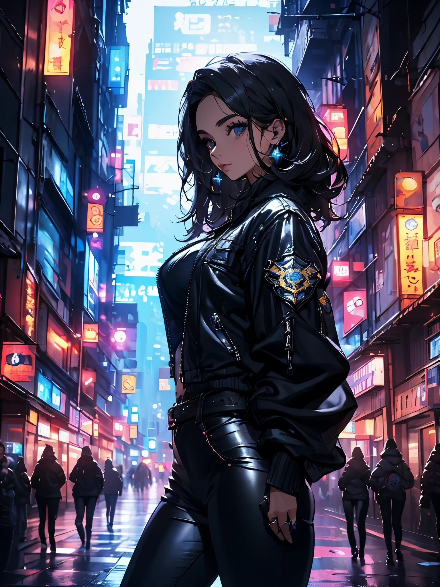 Retrato de natlp como uma bela modelo feminina, Georgia Fowler, rosto bonito, com cabelo castanho escuro curto, in cyberpunk city at night. She's wearing a leather jacket, black pants, dramatic lighting, (police badge:1.2)