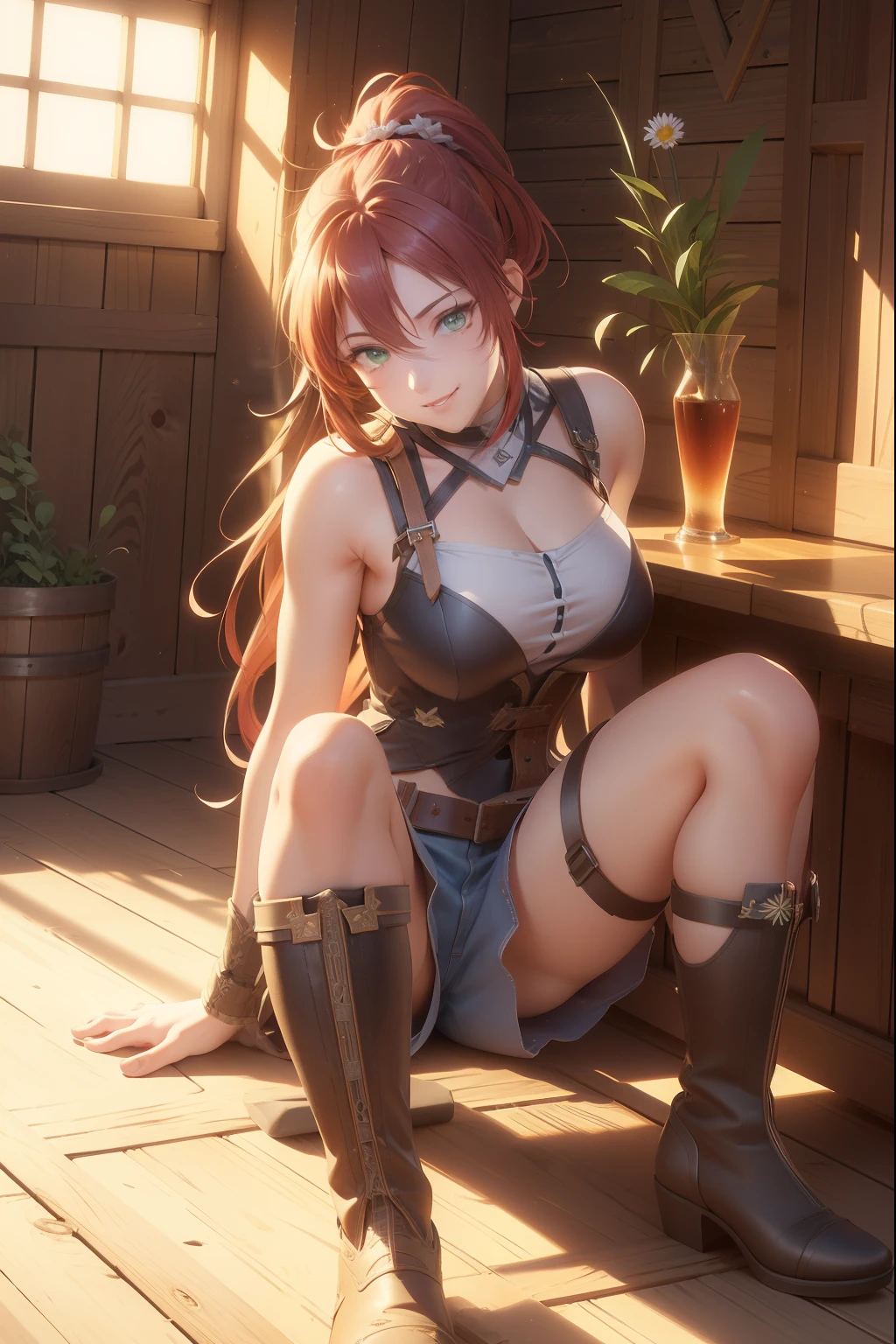 (extremely detailed CG unity 4k wallpaper),(masterpiece),(best quality),(ultra-detailed),(best illustration),(best shadow),(absurdres),(detailed background), Red long hair (Ponytail), green eyes, Daisy dukes, Smiling, Boots, Farm,