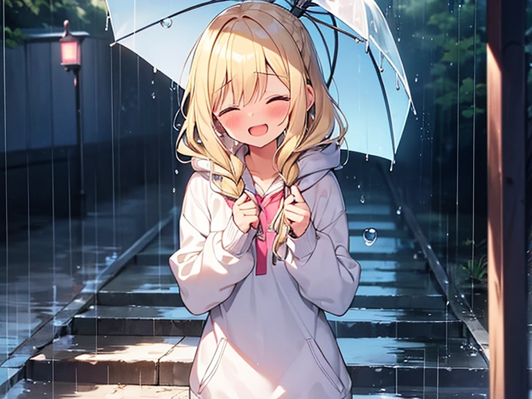 Top quality, (1 beautiful girl), junior high school student, Blonde, Braided hair, Medium Hair, Wavy Hair, standard weight, white hoodie, wet, laugh with an open mouth, blush, closed eyes, walking, pink umbrella, rainy, beautiful scene of alley, water drops, cowboy shot