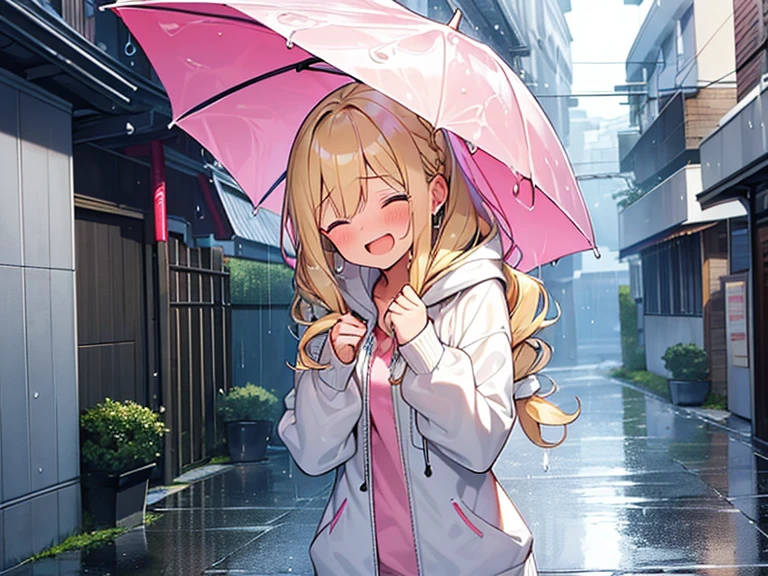 Top quality, (1 beautiful girl), , Blonde, Braided hair, Medium Hair, Wavy Hair, standard weight, white hoodie, wet, laugh with an open mouth, blush, closed eyes, walking, pink umbrella, rainy, beautiful scene of alley, water drops, cowboy shot