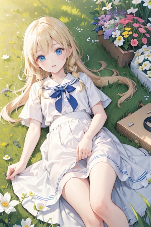 masterpiece, highest quality, High resolution, One 5 year old girl、blue eyes、
blonde, Braiding、White shirt, Check skirt, White panties、garden、flower bed、Lying on the grass