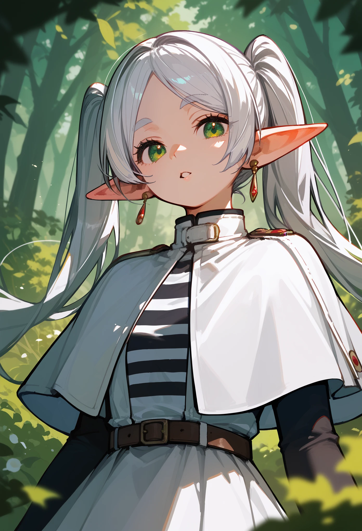 masterpiece, best quality, (score_9, score_8_up, score_7_up, score_6_up), 1girl, solo, portrait, FrierenBase, green eyes, elf ears, pointy ears, innexpressive, head tilt, looking at viewer, parted lips, white hair, long hair, twintails, earrings, white capelet, striped shirt, black stripes, long sleeves, belt, white skirt, black pantyhose, looking at viewer, forest