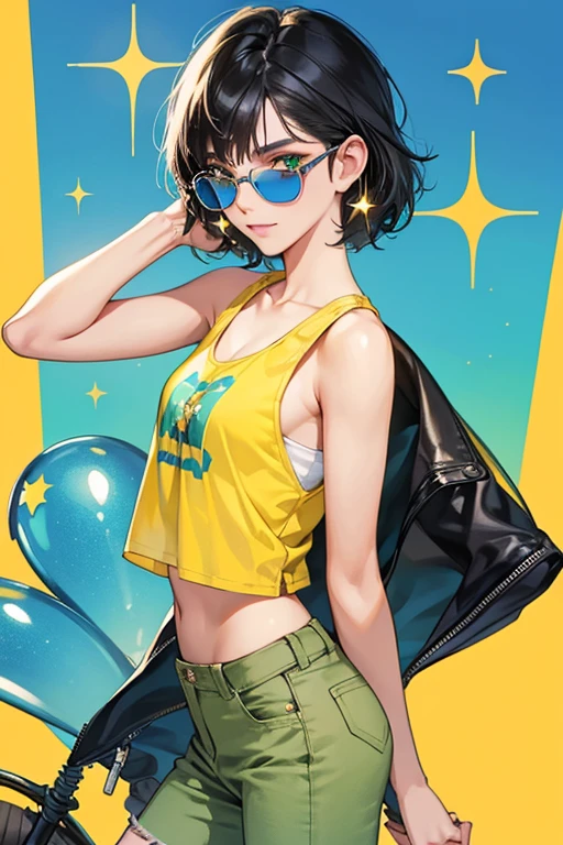 Mitzi wears blue-tinted glasses, a green tank top, and yellow khaki capris. She has black hair parted to one side and fair skin. SPARKLE; GLITTER