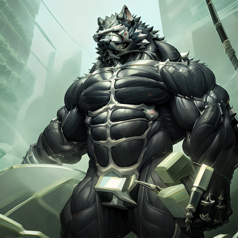 (masterpiece, best quality, detailed:1.2) detailed full body, 8K, freddy, wolf muscular werewolf, muscular! Commission for High Res,
unusually developed muscular body, body full of huge muscles. 
pectorales enormes. Exaggeratedly huge muscles. Gigachad Muscular, 8K, Masterpiece, highres, future fiction. black visor, Detailed head, Detailed Body,full body, Detailed abs, wearing crNanosuit,