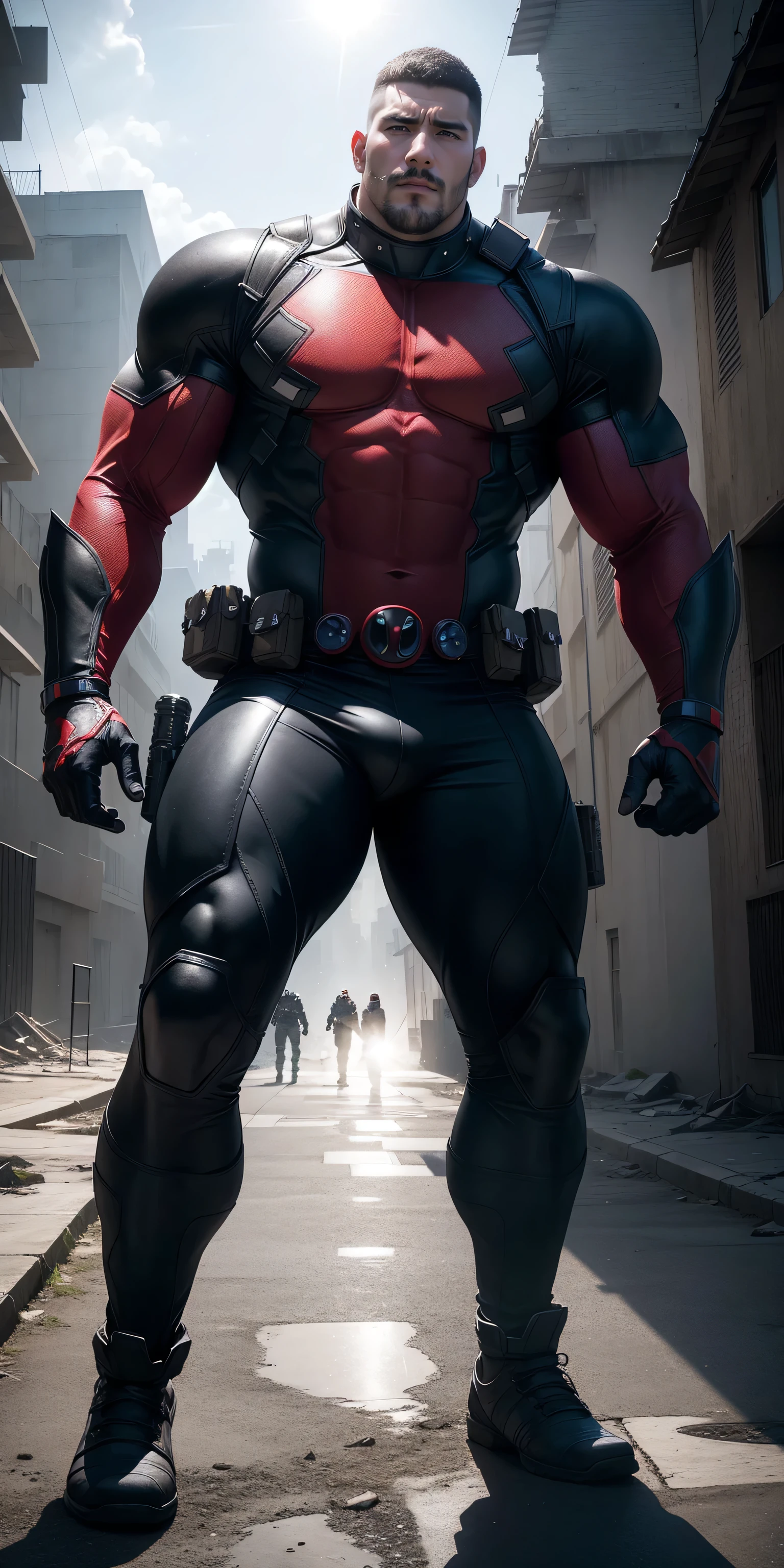 2 meter tall muscular hero, He is very tall,Super hero:Deadpool, Red and black striped Deadpool tights, Warm and thick, character concept(Resident Evil - Chris Redfield, Mechanical leather armor, His muscles are huge, Lightweight texture, Small grid texture, Regular symmetrical texture pattern, A sad expression, Deep and charming eyes, He stood in the open air among the ruins, Heroic male pose, tall Burly, muscular!Attractive leg muscles, High, Burly, Heqiang, Super Buff and Coolness, High Resolution Committee, Yellow-gray ultra-thin nano-mechanical big-foot boots, Charismatic strongman, The bright sunshine shines on you, Matte particles, Shiny texture, shadow, Chiaroscuro, Divine Light, best quality
