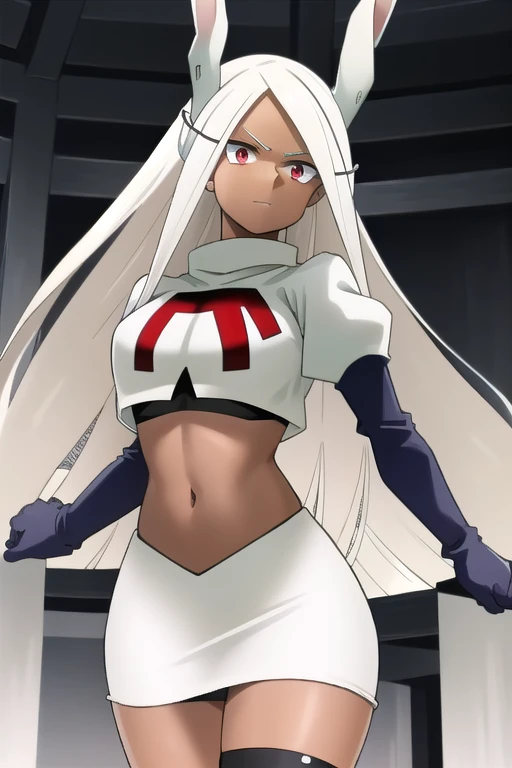 ((best quality)), ((highly detailed)), masterpiece, (detailed eyes, deep eyes), (1girl), (cowboy shot), mirkomha, boku no hero academia, white hair, very long hair, (red eyes), ((dark skin:1.3)), muscular female, rabbit ears, large breasts, team rocket,team rocket uniform,white skirt,red letter R,crop top,black thigh-highs,black elbow gloves