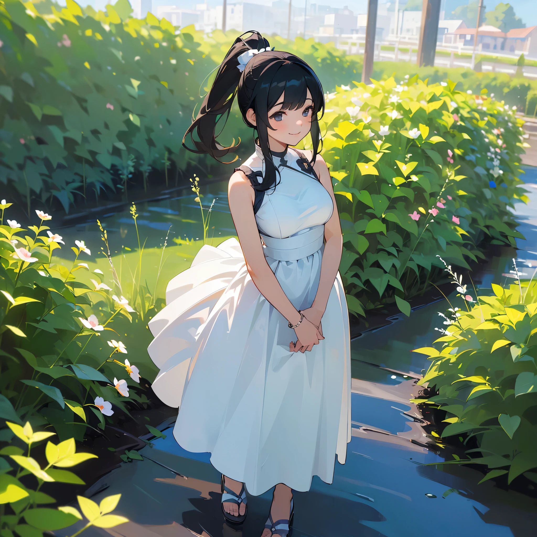 (high quality, High resolution, Very detailed, reality:1.37), Peaceful atmosphere, (Outdoor, garden), age girl standing alone, (my breasts are big.), Beautiful details, Cute Smile, (Black hair ponytail), White sleeveless dress, Sandals.
