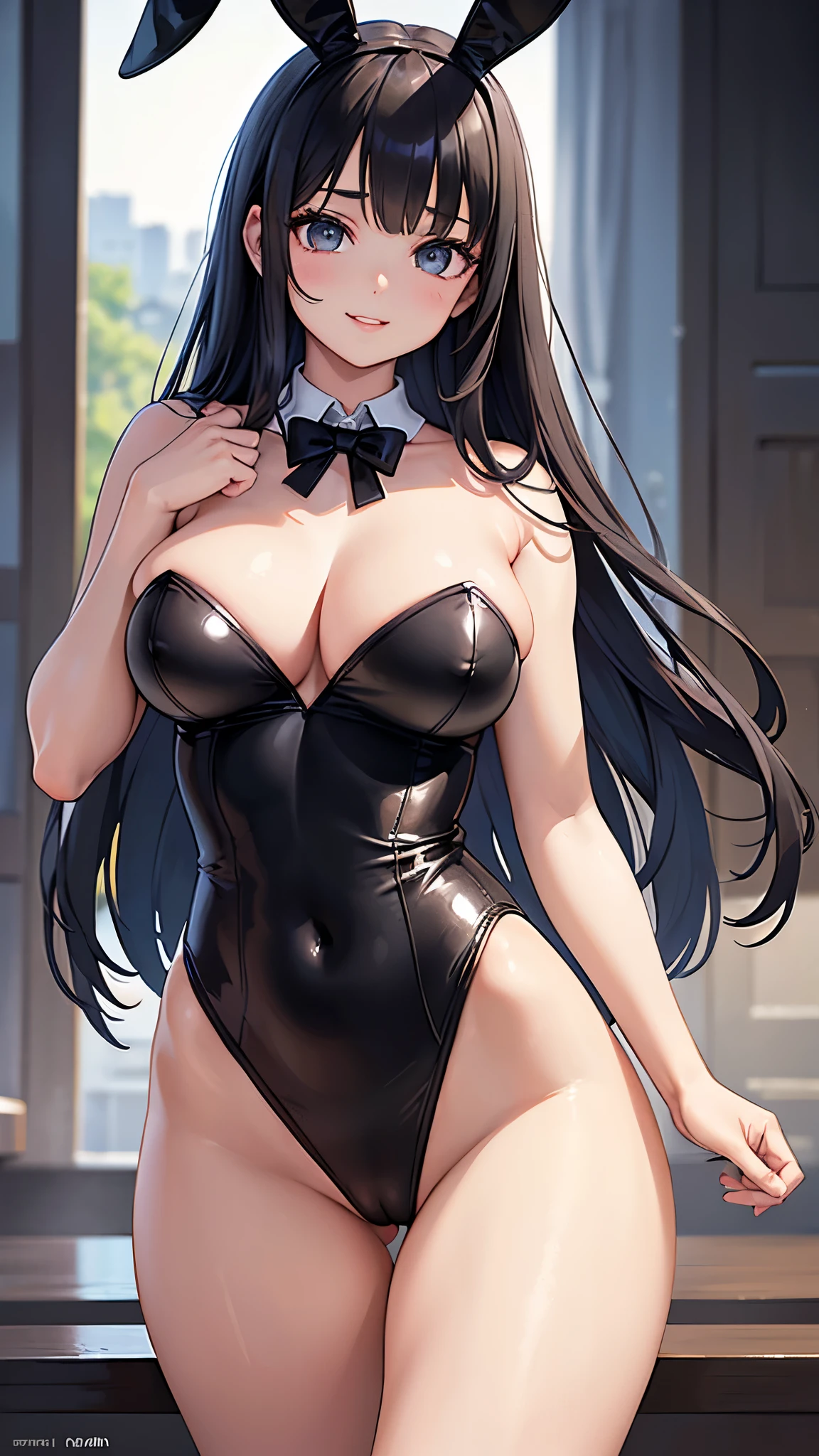 (masterpiece:1.3, highest quality, Ultra-high resolution, Super detailed), (Realistic, photoRealistic:1.4), Beautiful illustrations, Perfect lighting, Natural light, Depth of written boundary, Beautiful detailed hair, Beautifully detailed face, Beautiful fine details, Beautiful clavicle, Beautiful body, Beautiful breasts, Beautiful thighs, Beautiful feet, Beautiful Hands, View your viewers, 1 girl, Very cute girl, , (Perfect Anatomy, Anatomically correct), Cute and symmetrical face, Baby Face, Perfect Face, Perfect Eyes, Shiny skin, (Long Hair:1.8, Black Hair), bangs, Iris, Slanted Eyes, Long Eyelashes, (Very large and ample breasts, juicy thighs, Attractive thighs), ((Bunny girl、Playboy)), Night view,(Beautiful views), In town , (Cute smile, Upward glance, Lips parted)
