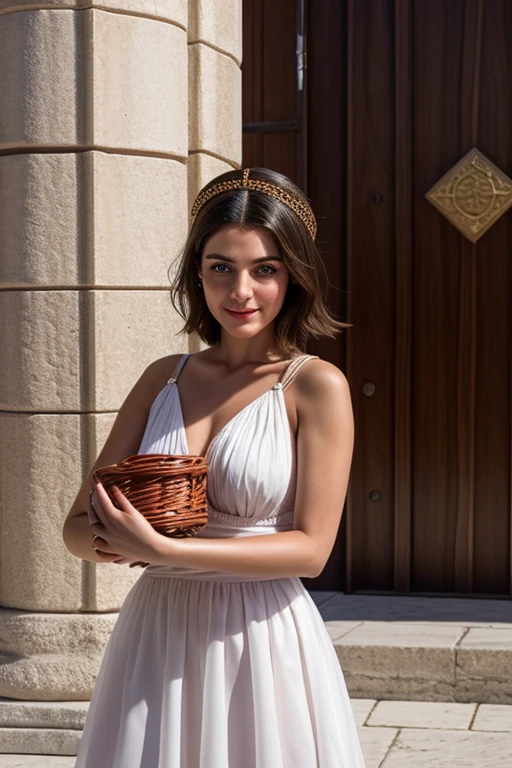 Emma Watson tits out, her boobs are bare while she's wearing a Greek tunic, no bra, tits out, wearing a wreath on her head, she's standing before a larger Greek crowd, she's pleading to the Greek king, she's skinny, Small boobs