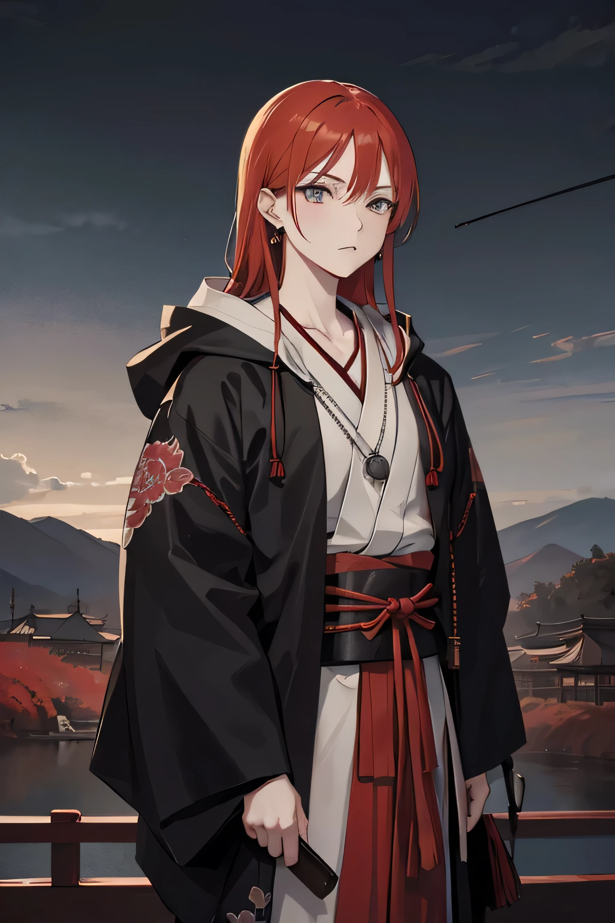 edo period japan, feudal Japan, red haired, ginger, gray kimono, black jacket, hooded, ominous, melancholic, grunge, olive background, moorlands background, open fields, night time, silver jewlery, dangly earrings, necklaces, solo