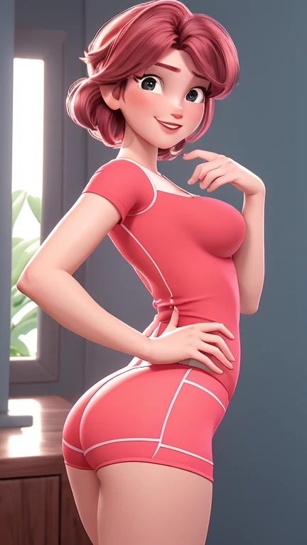 (masterpiece, high quality, highres,Highest picture quality), (Master's work), (zentangle:1.2),1girl, (Huge Lactating Breasts, Sakura / Sakura Haruno [ Haruno Sakura ] - Naruto Shippuden, headband, red dress, yoga short, pink hair, green eyes, from back, huge ass :1)