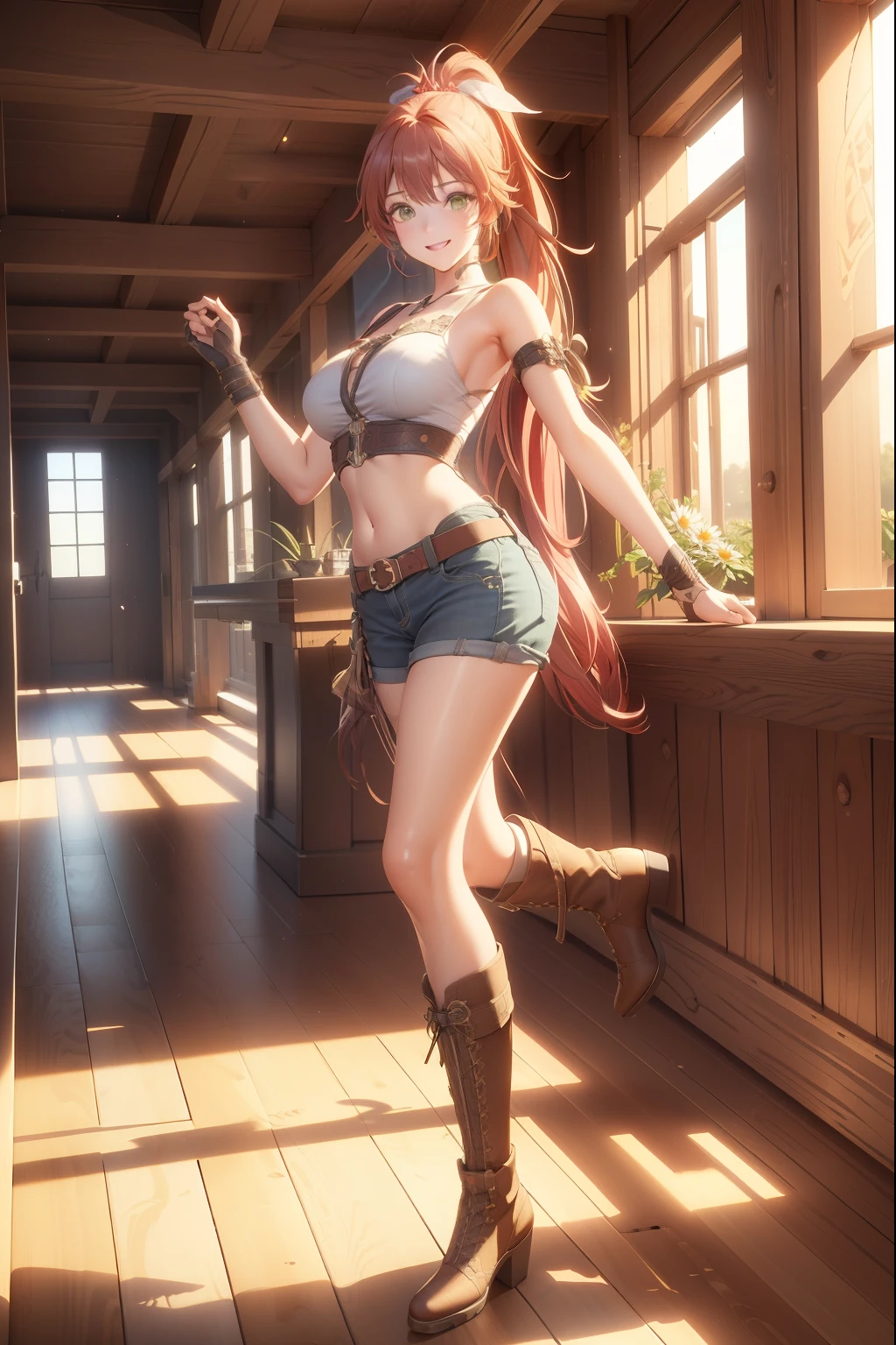 (extremely detailed CG unity 4k wallpaper),(masterpiece),(best quality),(ultra-detailed),(best illustration),(best shadow),(absurdres),(detailed background), Red long hair (Ponytail), green eyes, Daisy dukes, Smiling, Boots, Farm,