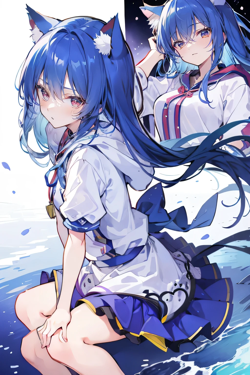 （masterpiece：1.2），Super detailed，lifelike，Expressive eyes，fair skin，perfect face shape，1 girl，
Japanese comics,Gorgeous blue hair,flowing blue hair,flowing clothes,Cat ears,Petals fall,beautiful lola,Baby Angel,sunrise,
Shaking head with one hand，Cross your legs，Gentle and peaceful background，The pavilion is cool and comfortable,smile, wearing hoodie, background of tokyo,back views,snowing, winter.