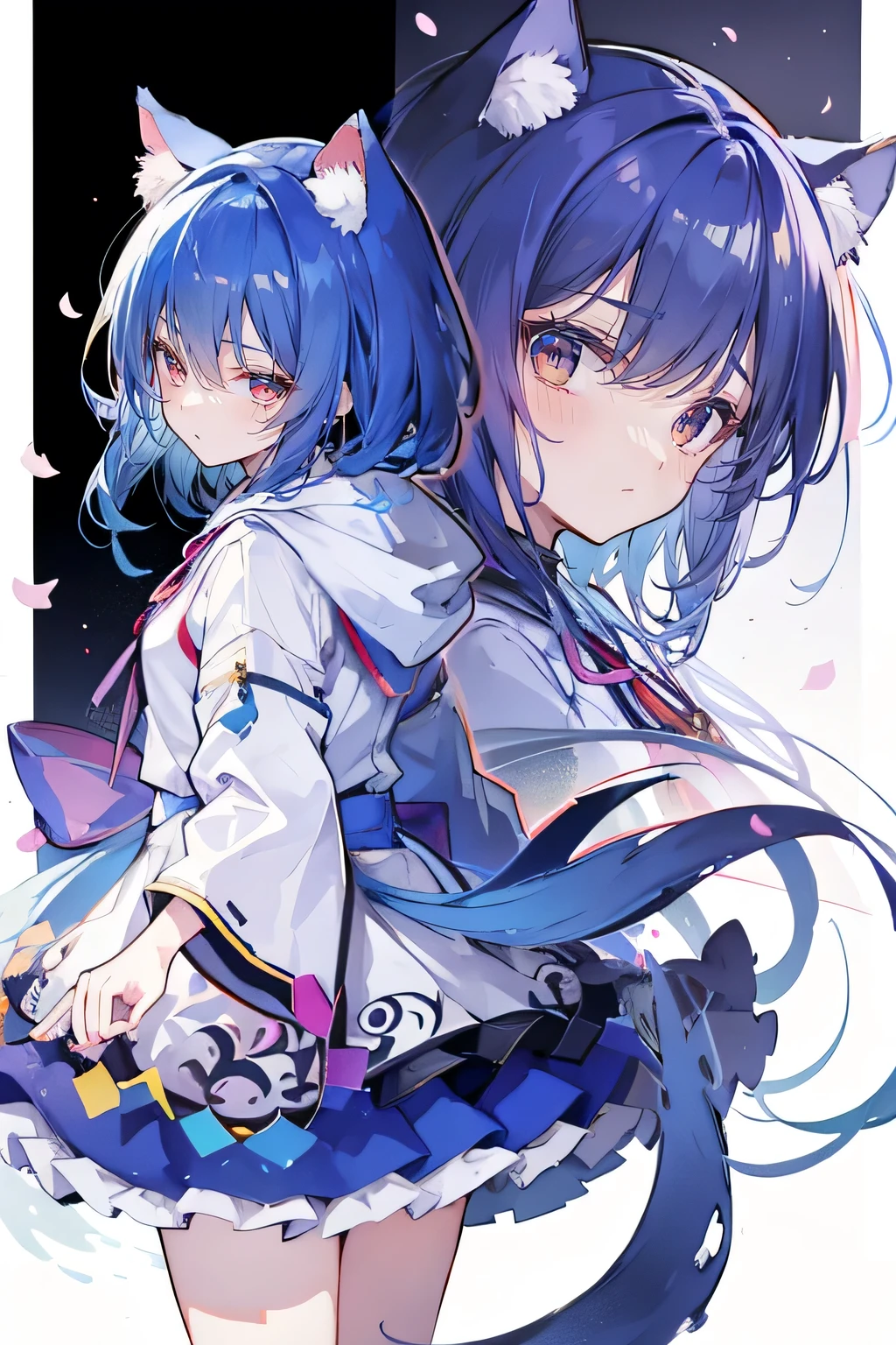 （masterpiece：1.2），Super detailed，lifelike，Expressive eyes，fair skin，perfect face shape，1 girl，
Japanese comics,Gorgeous blue hair,flowing blue hair,flowing clothes,Cat ears,Petals fall,beautiful lola,Baby Angel,sunrise,
Shaking head with one hand，Cross your legs，Gentle and peaceful background，The pavilion is cool and comfortable,smile, wearing hoodie, background of tokyo,back views,snowing, winter.