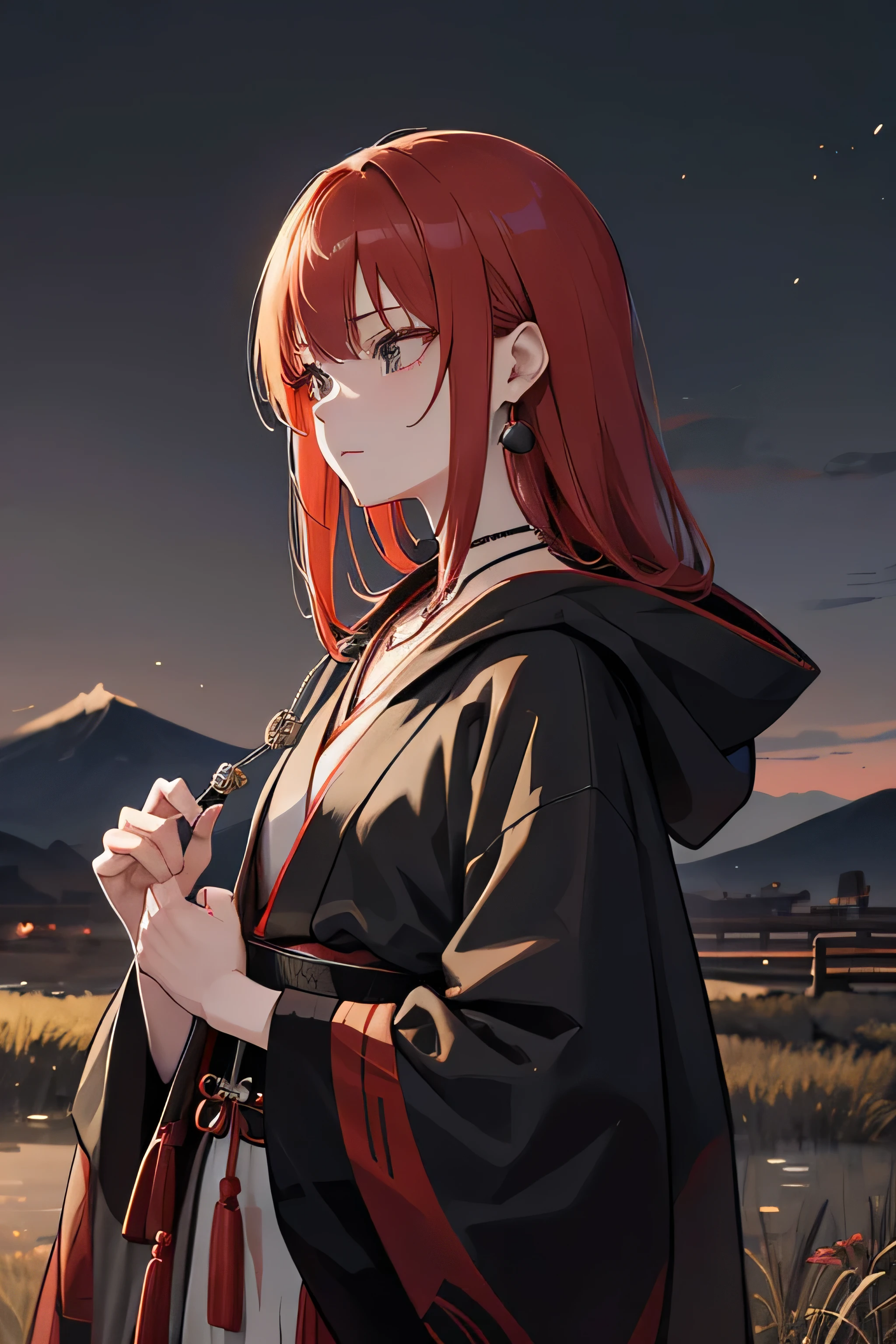 edo period japan, feudal Japan, red haired, ginger, gray kimono, black jacket, hooded, ominous, melancholic, grunge, olive background, moorlands background, open fields, night time, silver jewlery, dangly earrings, necklaces