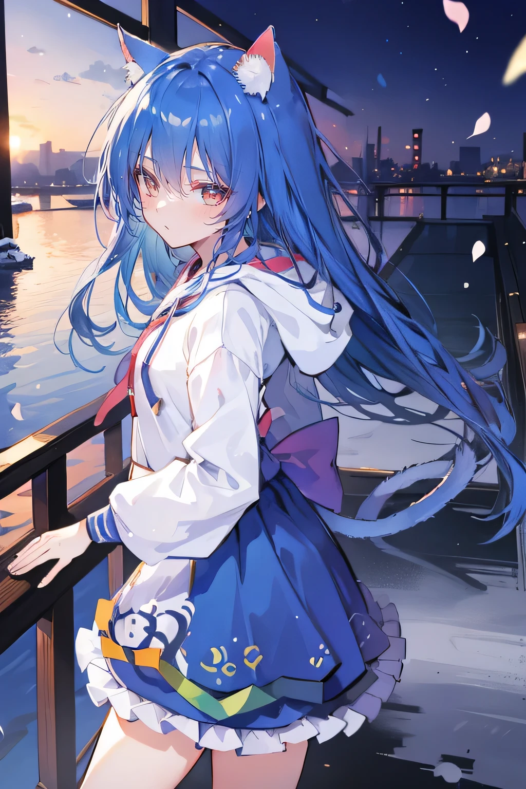 （masterpiece：1.2），Super detailed，lifelike，Expressive eyes，fair skin，perfect face shape，1 girl，
Japanese comics,Gorgeous blue hair,flowing blue hair,flowing clothes,Cat ears,Petals fall,beautiful lola,Baby Angel,sunrise,
Shaking head with one hand，Cross your legs，Gentle and peaceful background，The pavilion is cool and comfortable,smile, wearing hoodie, background of tokyo,back views,snowing, winter.